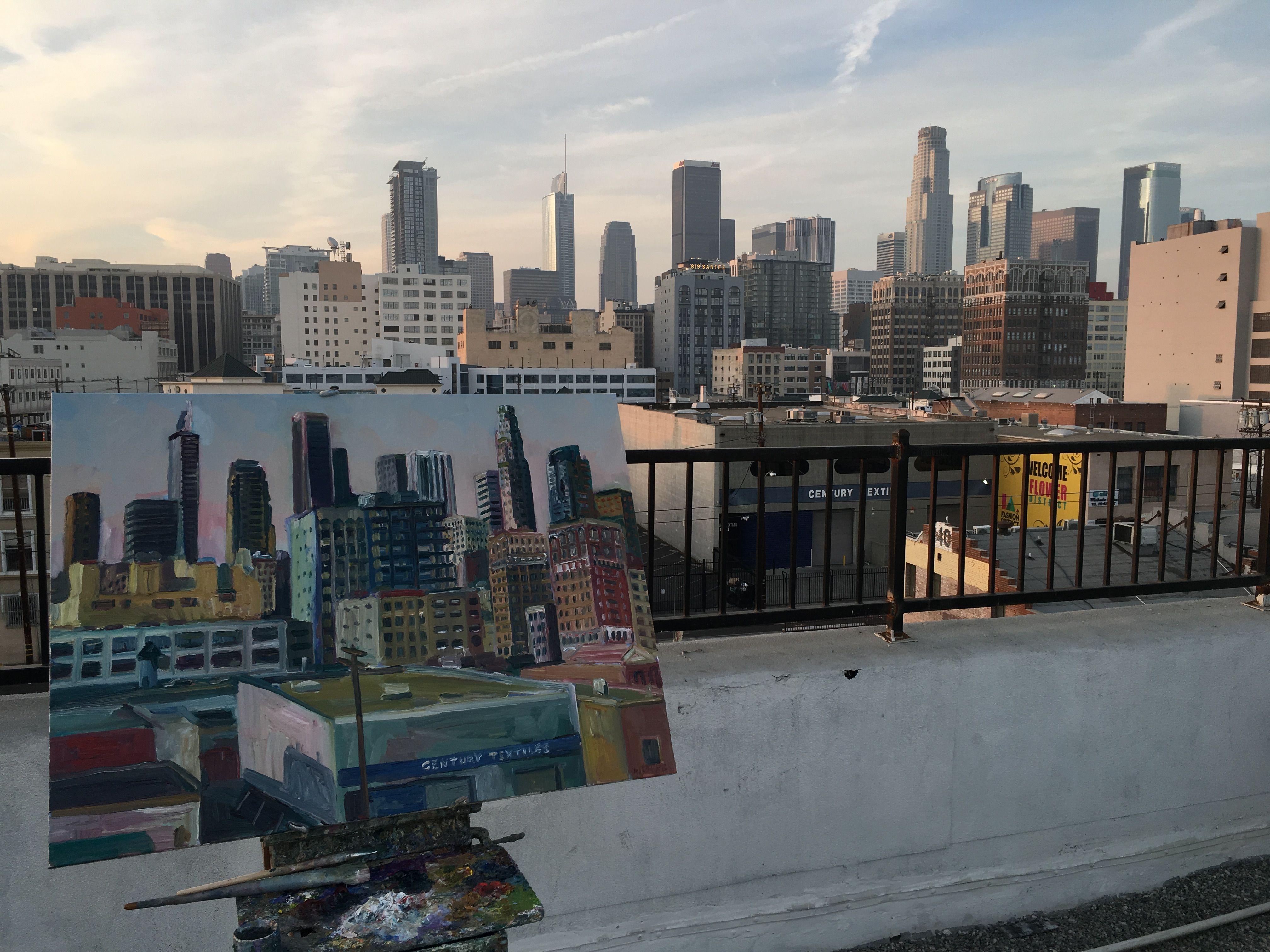 Vista dal tetto del centro di Los Angeles, Pittura, Olio su tela in vendita 2