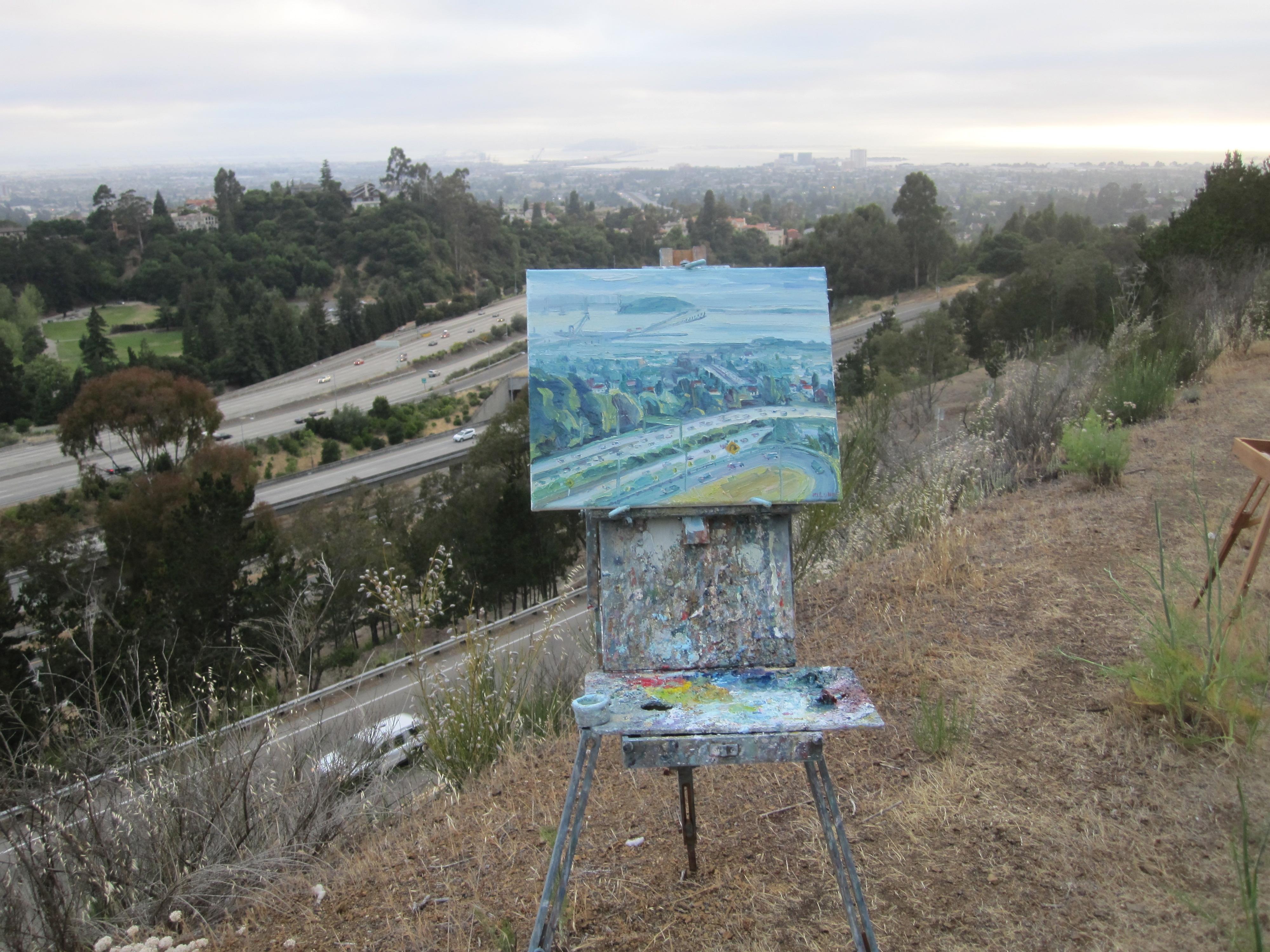 This was painted on location (en plein air) just off Hiller Highlands drive in Oakland, California. Highway 24 and 13 are the freeways in the foreground. The painting is full of bold brushstrokes! Signed on the lower right.  :: Painting ::