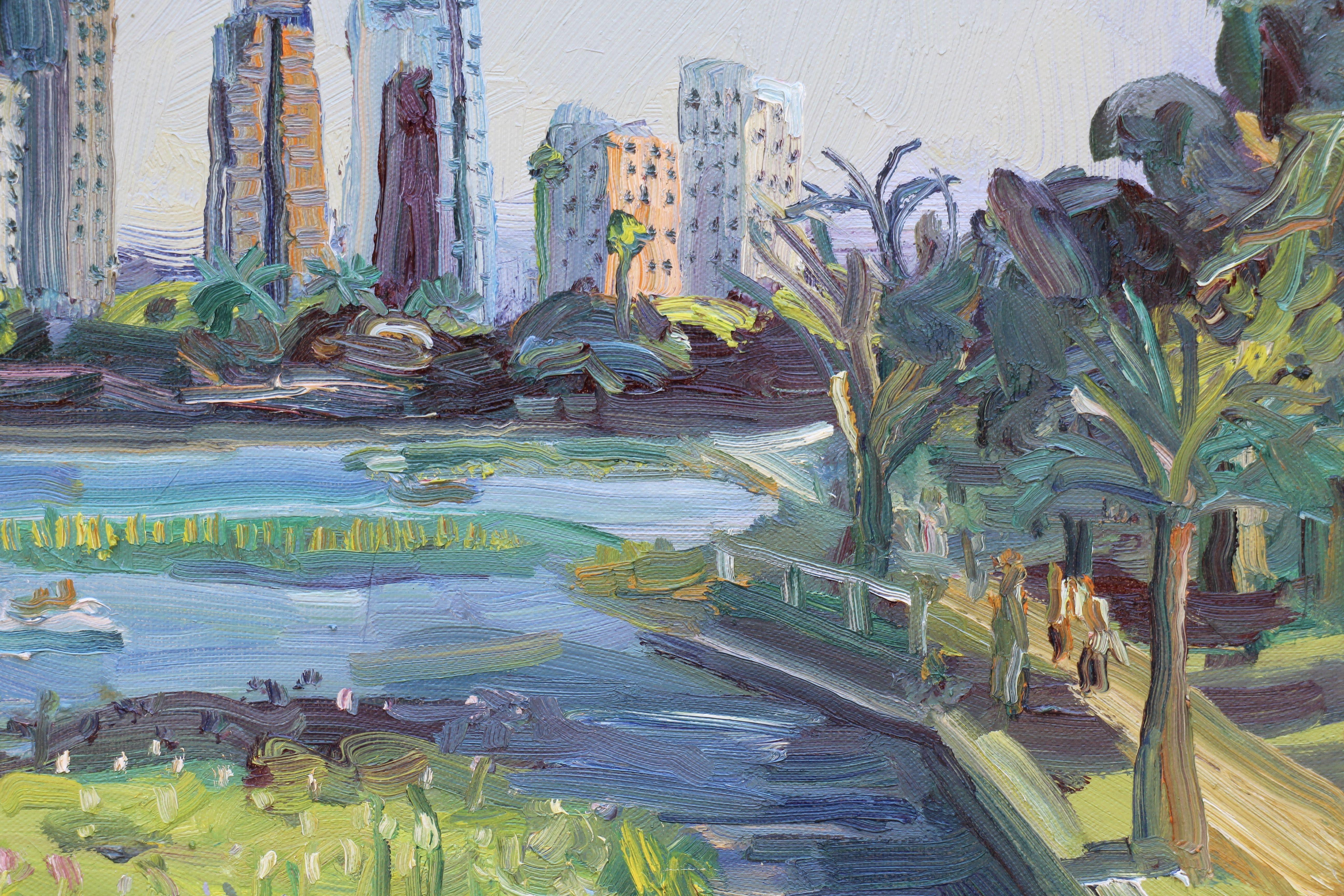 Plein air oil painting of the Echo Park lake lotus flowers in Los Angeles, California. This is the second one I did of this view this July, 2017.  :: Painting :: Impressionist :: This piece comes with an official certificate of authenticity signed