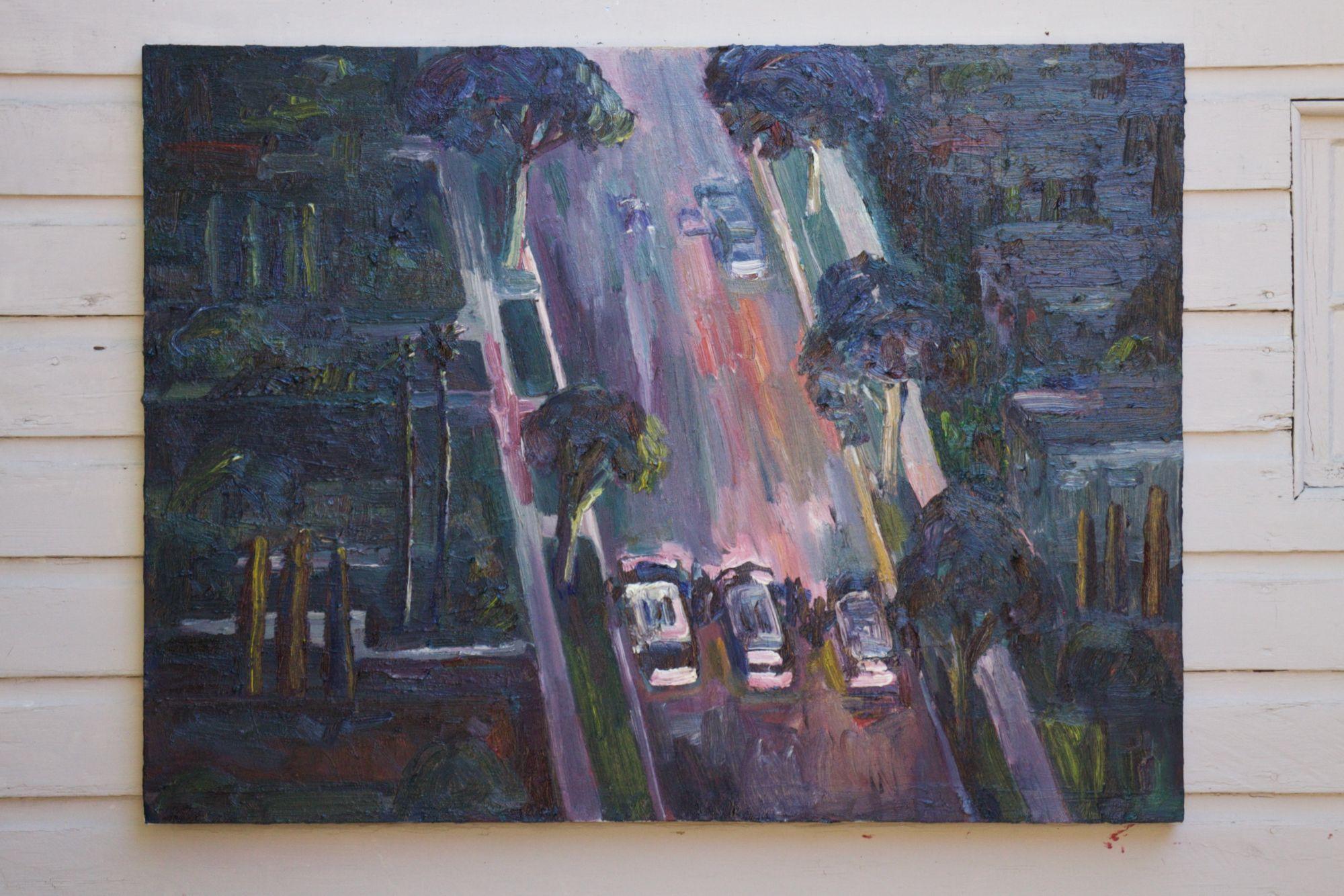 Fine dell'inseguimento della polizia, Pittura, Olio su tela - Painting Pop Art di John Kilduff