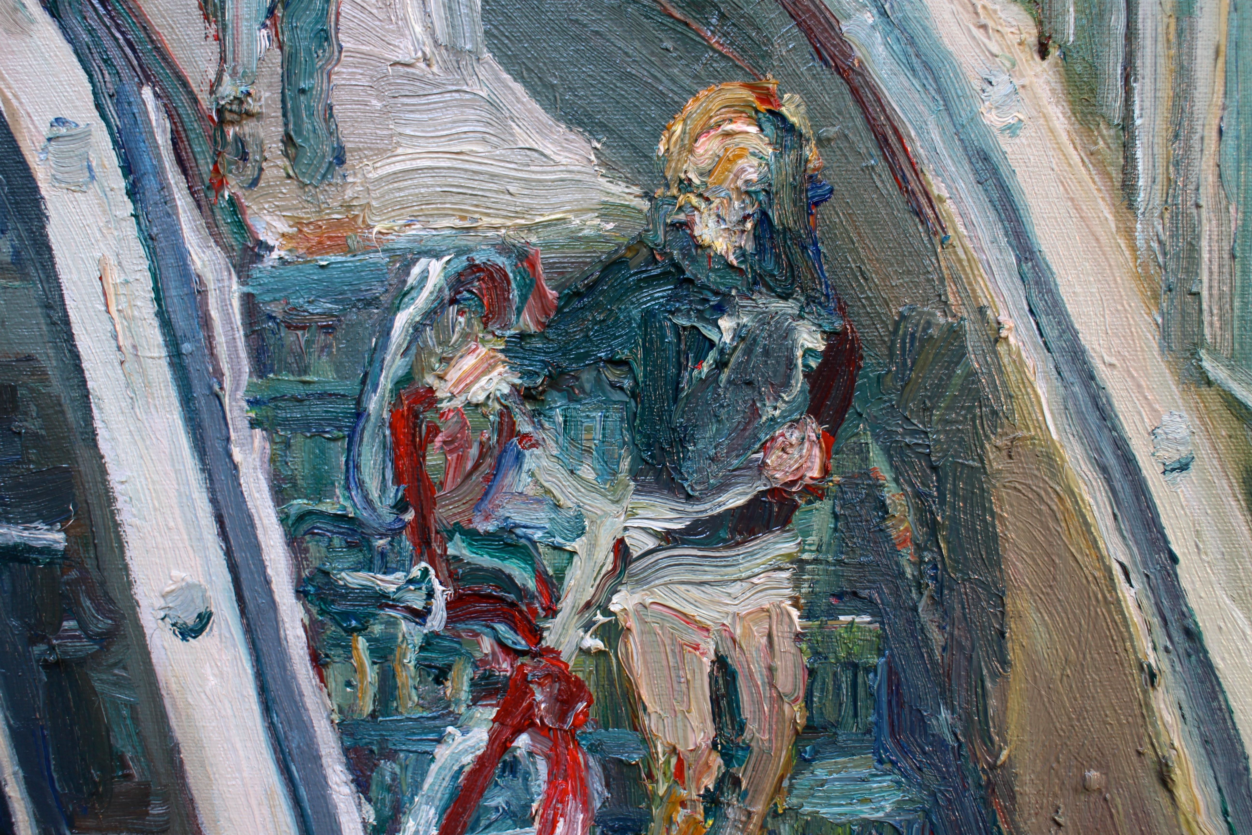 I did this painting while running on a treadmill in my studio. I have found it resembles what it's like to paint on location (plein air). The image is of a person taking their bicycle down the escalator at the Embarcadero Bart Station in San