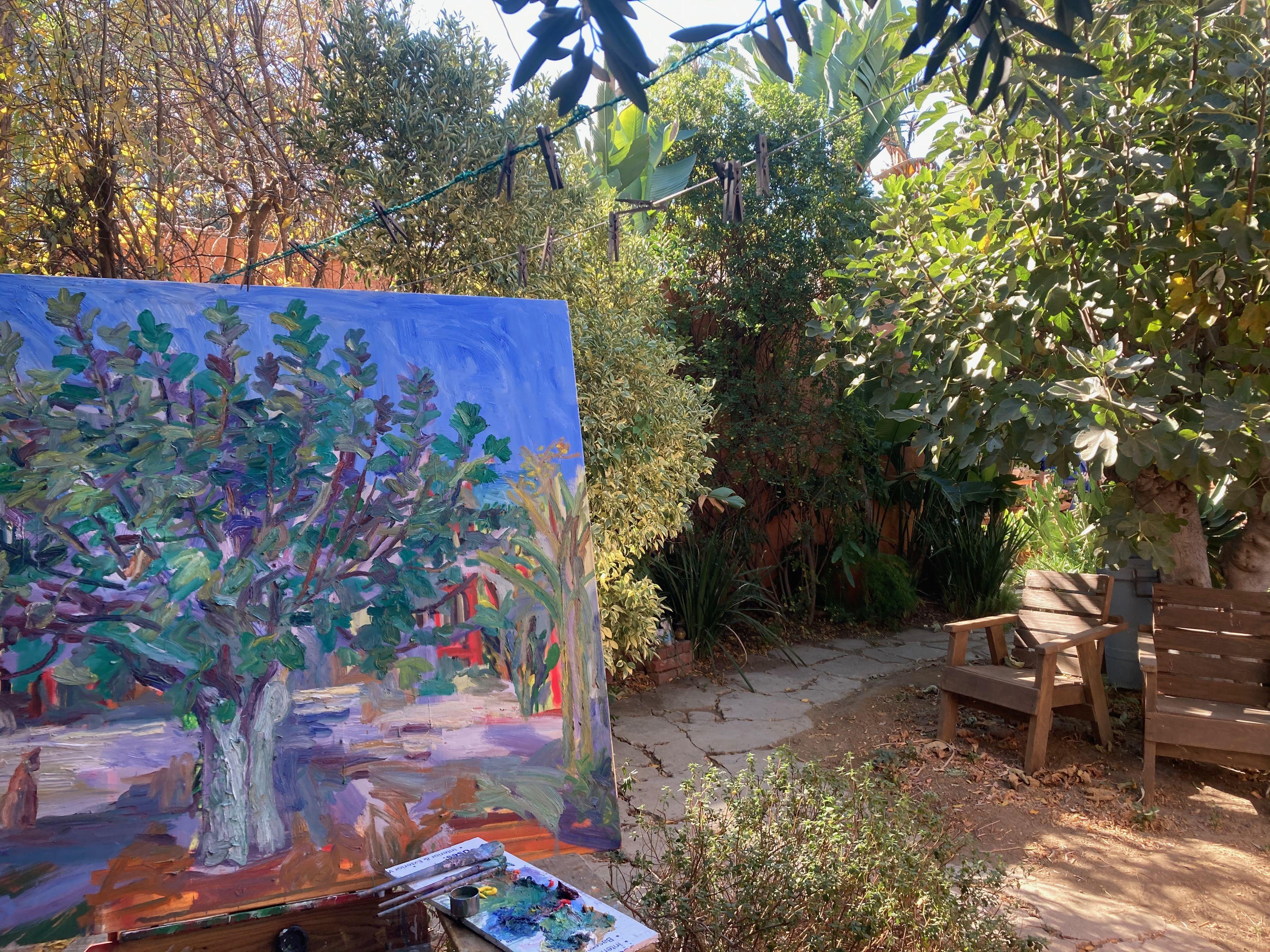 Plein air oil painting (with some spray paint) of the Fig tree in the backyard during quarantine. :: Painting :: Impressionist :: This piece comes with an official certificate of authenticity signed by the artist :: Ready to Hang: Yes :: Signed: Yes