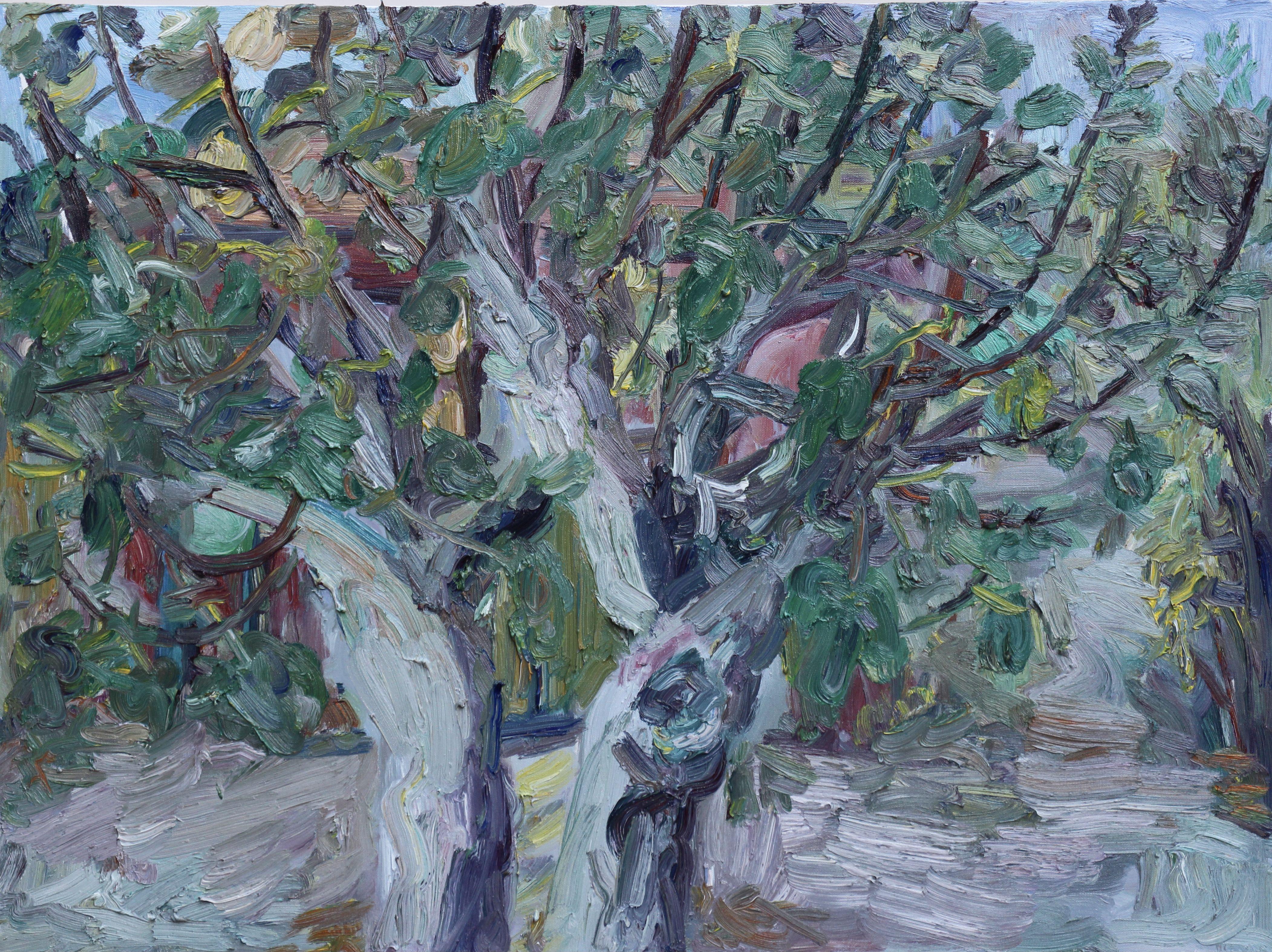 Fächerbaum in Quarantin, Gemälde, Öl auf Leinwand – Painting von John Kilduff