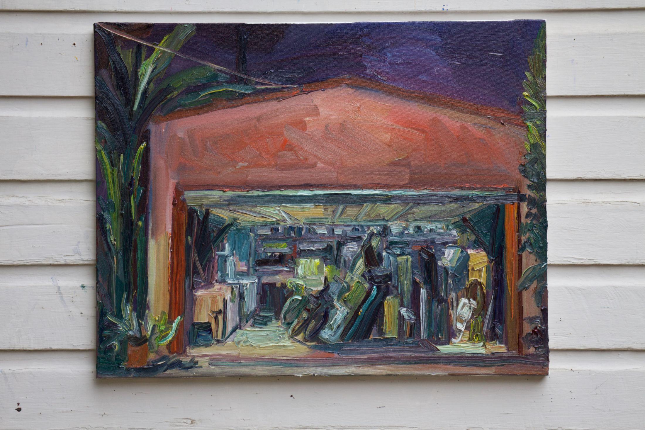 Garage de nuit, peinture, huile sur toile - Autres styles artistiques Painting par John Kilduff