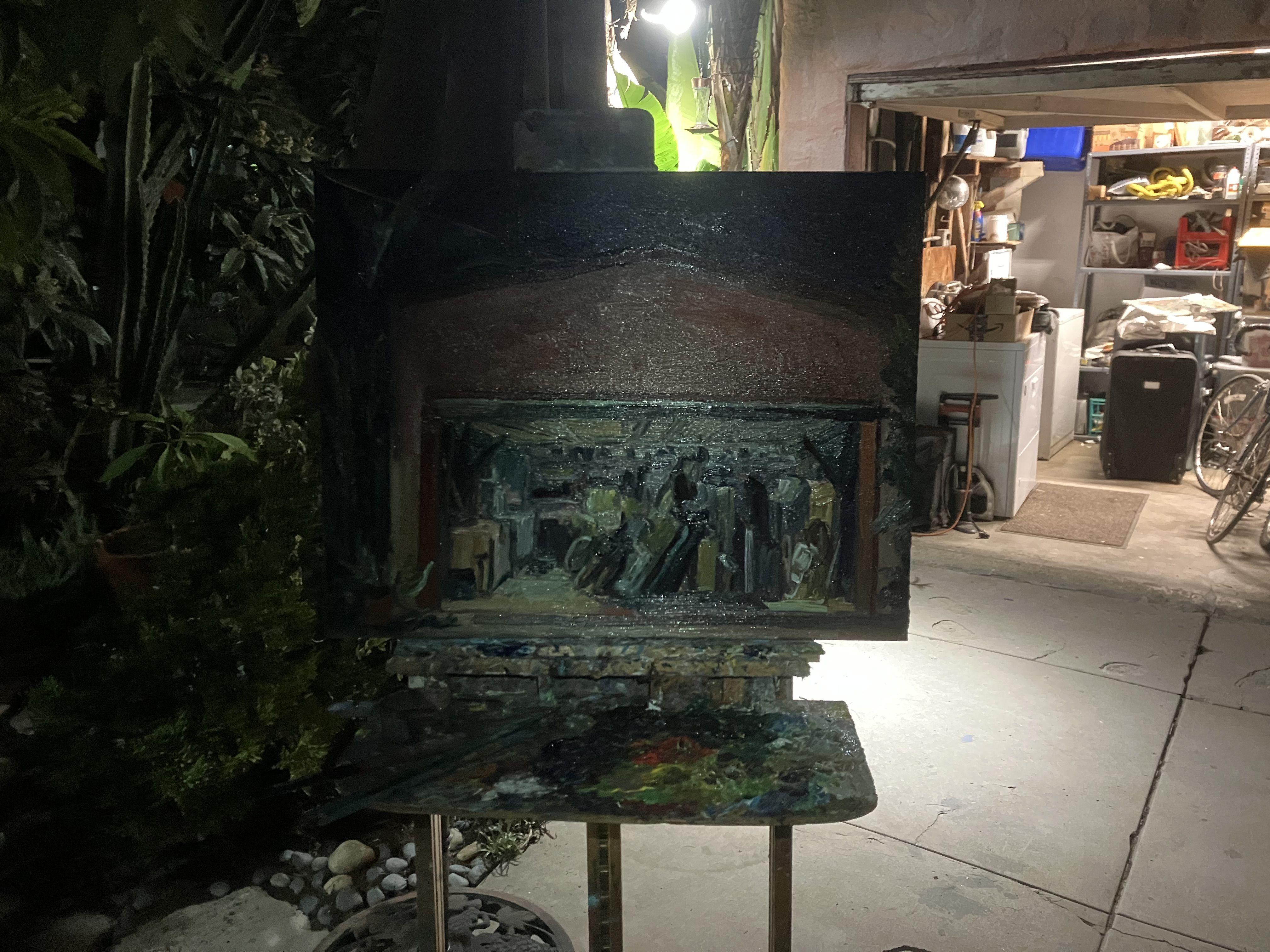 Garage bei Nacht, Gemälde, Öl auf Leinwand im Angebot 1