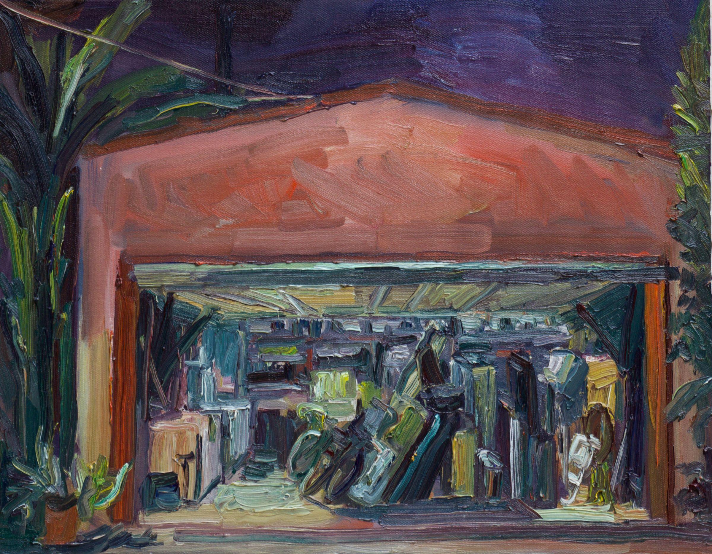 Plein air oil painting of my garage at night. :: Painting :: Americana :: This piece comes with an official certificate of authenticity signed by the artist :: Ready to Hang: No :: Signed: Yes :: Signature Location: on the back :: Canvas ::