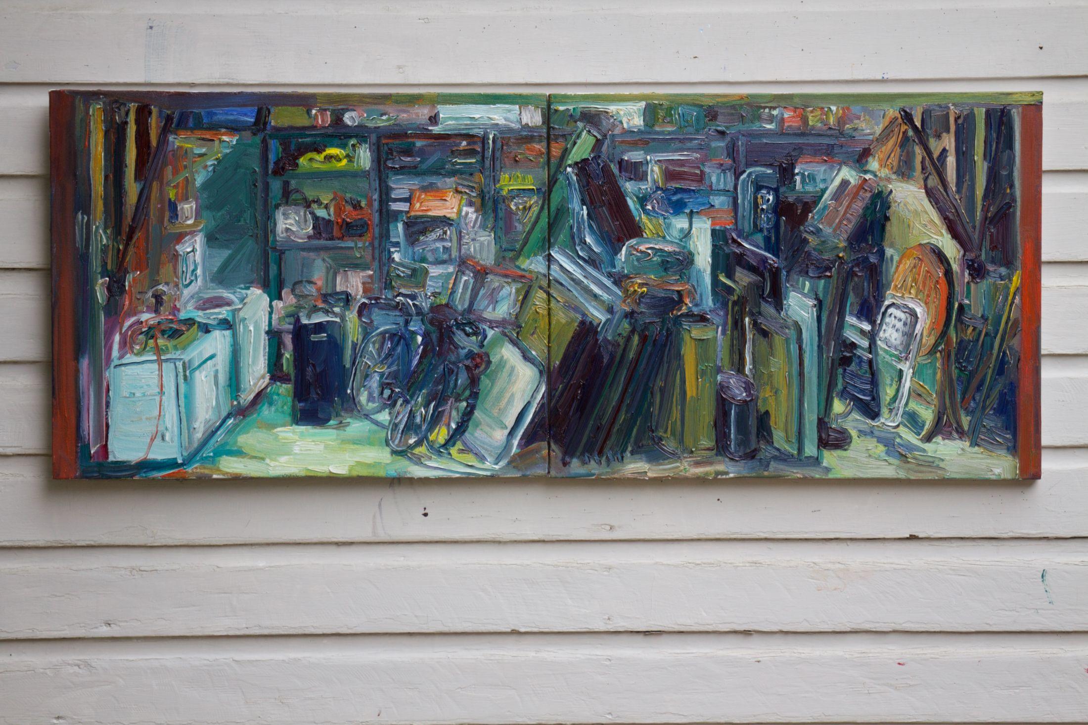 Garage diptych, Painting, Oil on Canvas For Sale 1