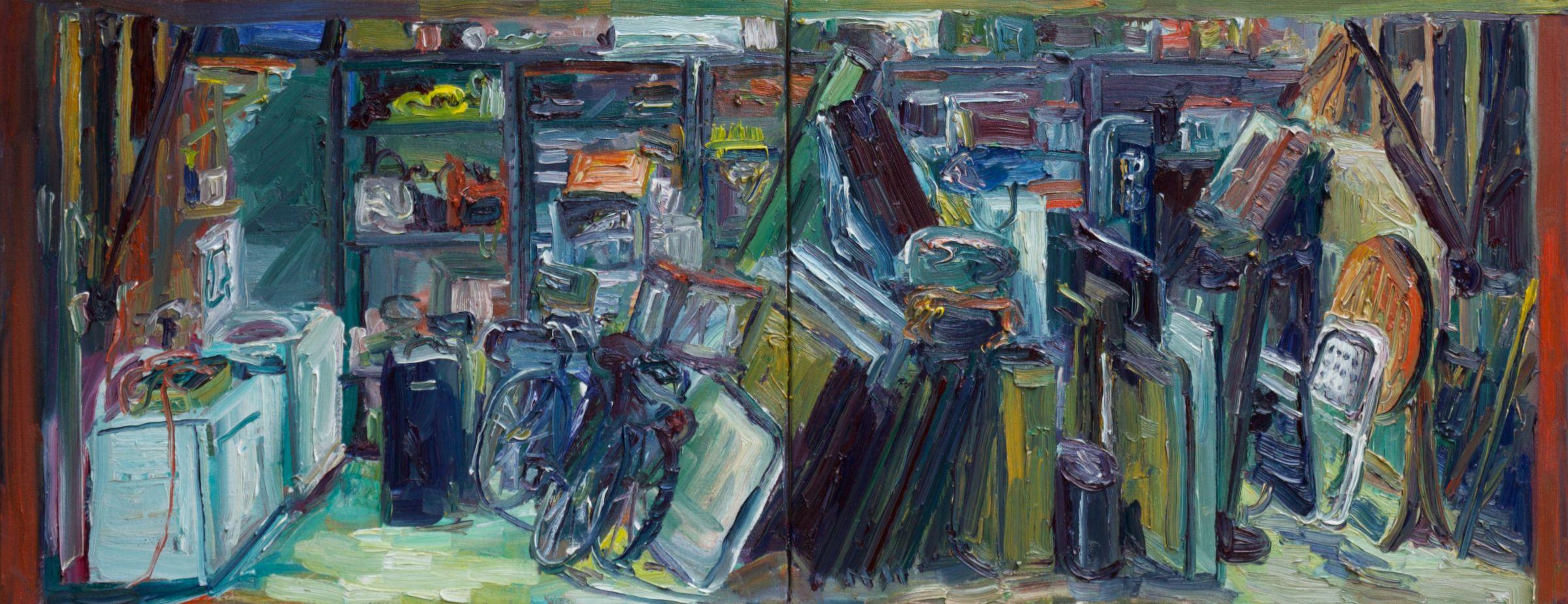 Plein air oil painting of my garage at night. Oil on two canvases. :: Painting :: Impressionist :: This piece comes with an official certificate of authenticity signed by the artist :: Ready to Hang: No :: Signed: Yes :: Signature Location: on the