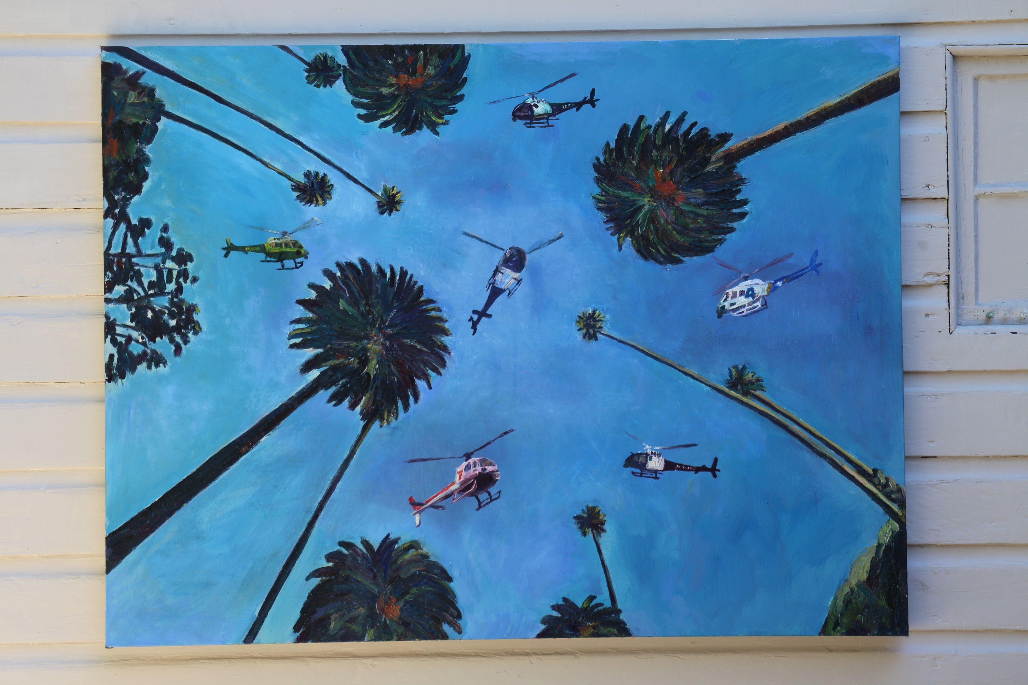 Helicopters and Palm Trees, Painting, Oil on Canvas For Sale 1
