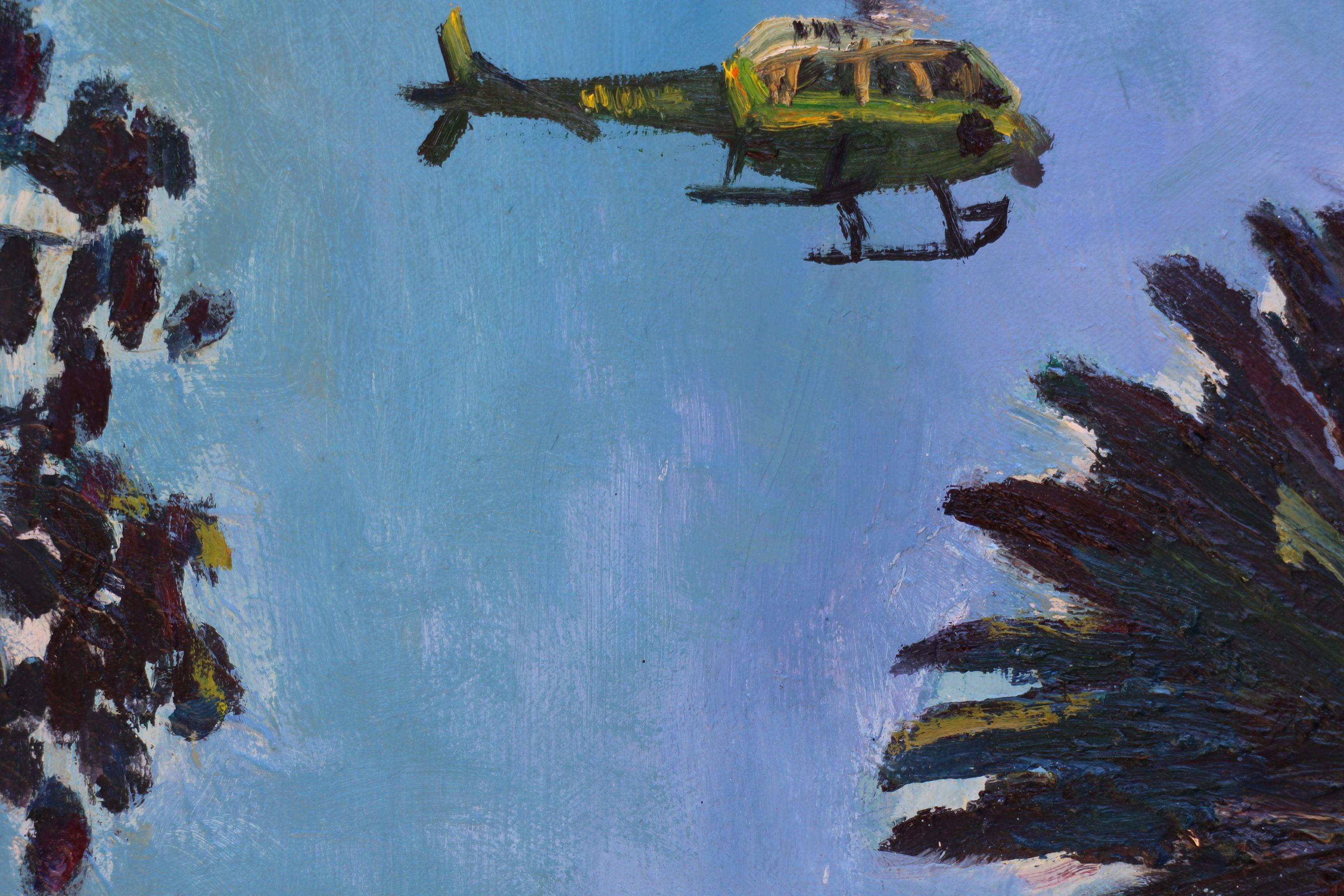 Helicopters and Palm Trees, Painting, Oil on Canvas For Sale 2