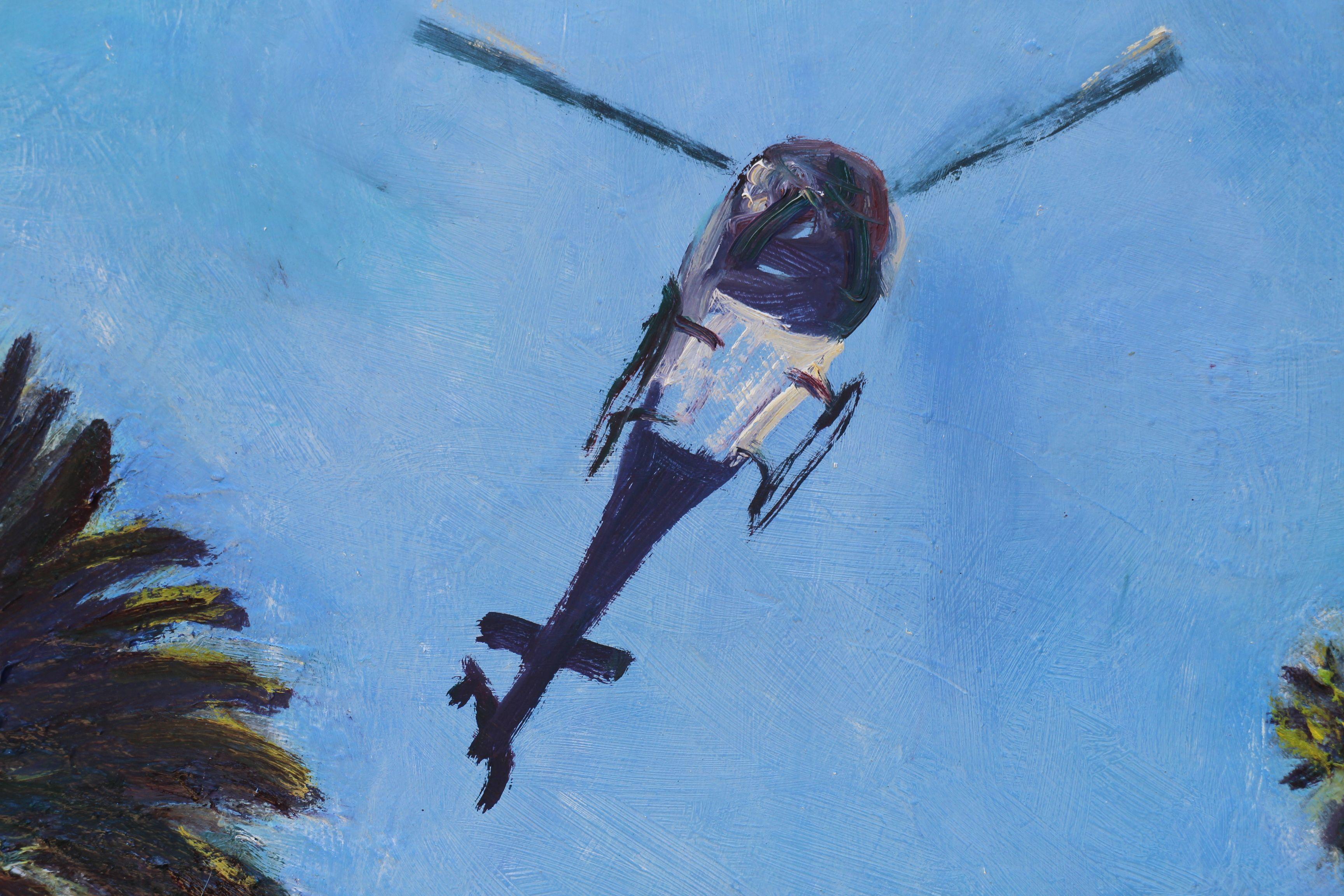 Helicopter und Palmenbäume, Gemälde, Öl auf Leinwand im Angebot 1