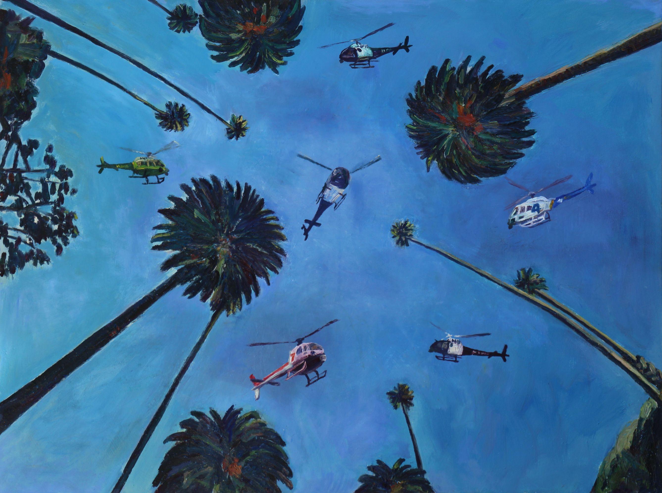 This painting is part of my ongoing series of looking up at palm trees here in Los Angeles and Beverly Hills, California. Helicopters flying overhead is very common here in Los Angeles and when there is more than one hovering over head....I always