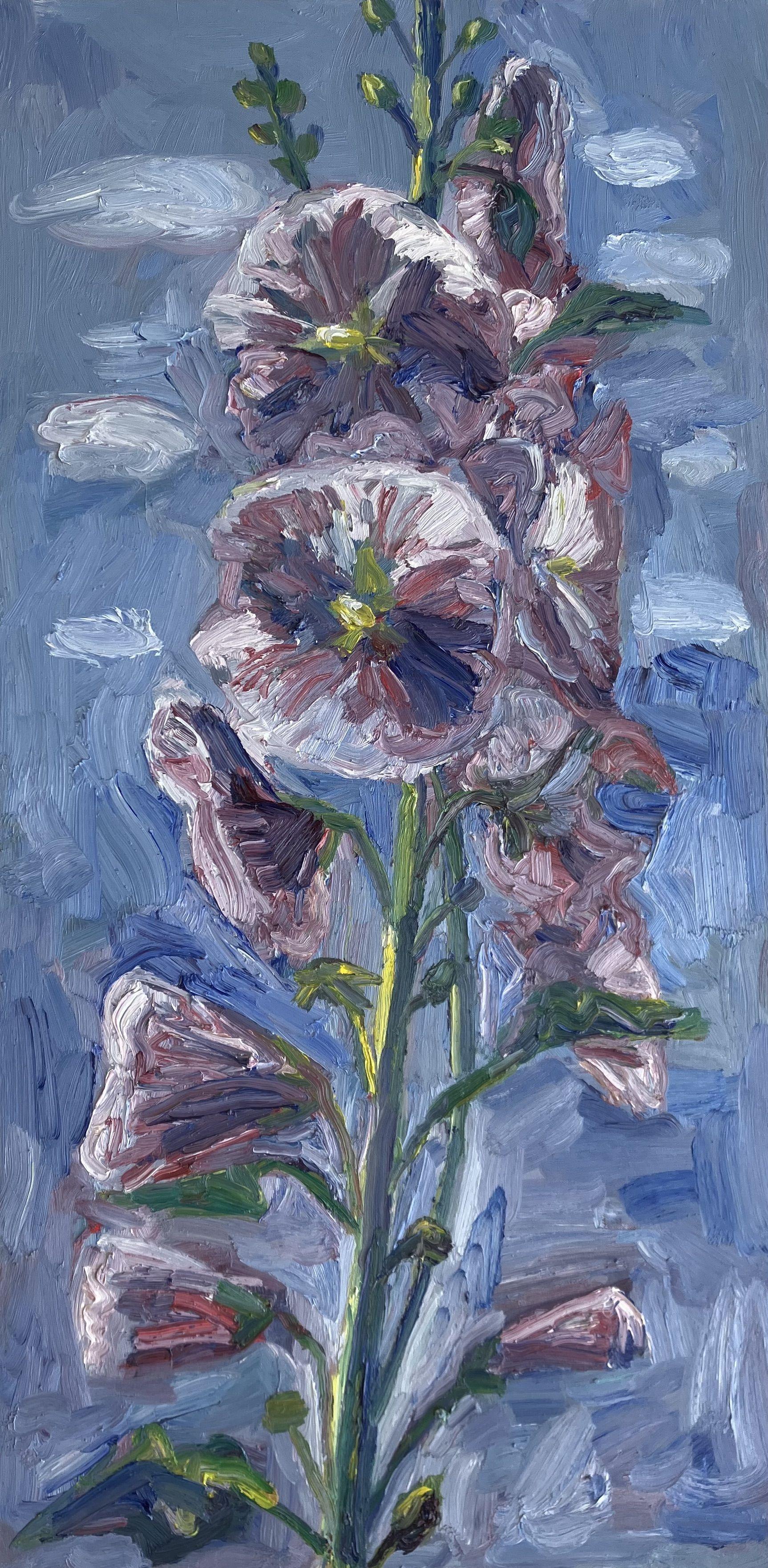 Plein air oil painting of hollyhocks in the backyard. :: Painting :: Impressionist :: This piece comes with an official certificate of authenticity signed by the artist :: Ready to Hang: No :: Signed: Yes :: Signature Location: on the back :: Canvas