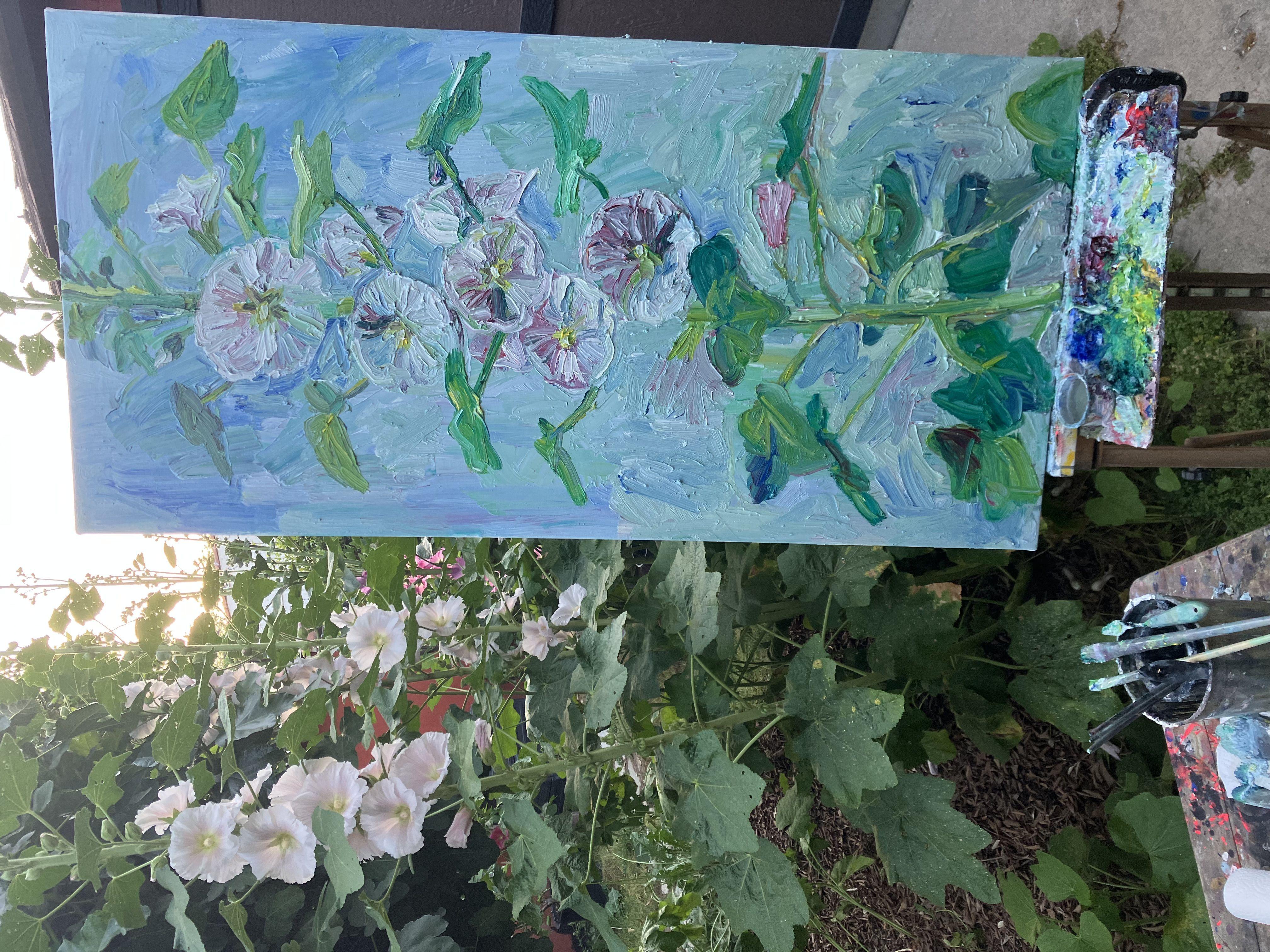 Hollyhocks, Painting, Oil on Canvas For Sale 4