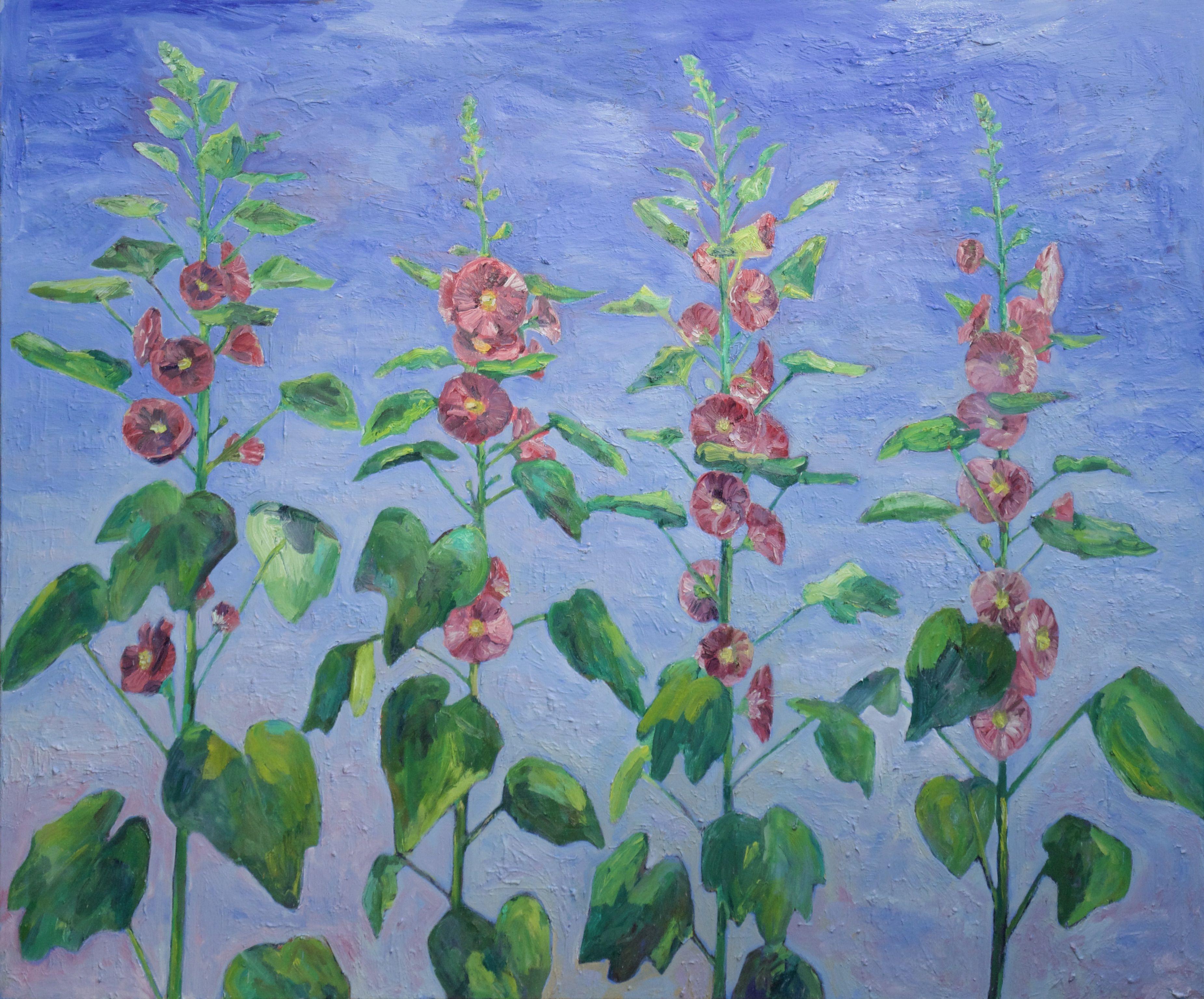 Large plein air oil painting of hollyhocks from my backyard.  :: Painting :: Fine Art :: This piece comes with an official certificate of authenticity signed by the artist :: Ready to Hang: Yes :: Signed: Yes :: Signature Location: On the back ::