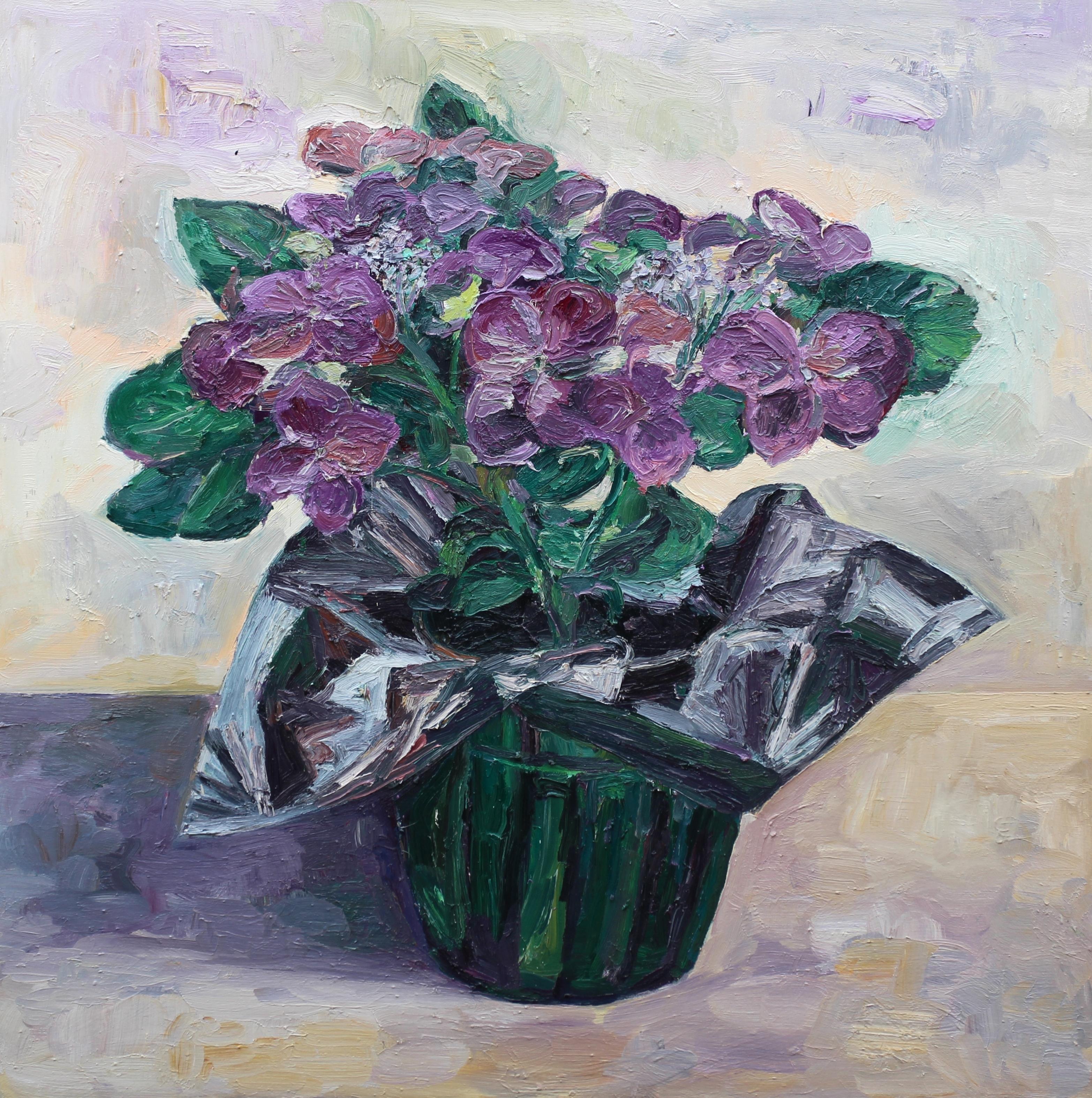 I did a series of paintings based on this Hydrangea plant I bought at the local supermarket. This one was the largest one I did. It is full of bold thick brushstrokes. :: Painting :: Impressionist :: This piece comes with an official certificate of