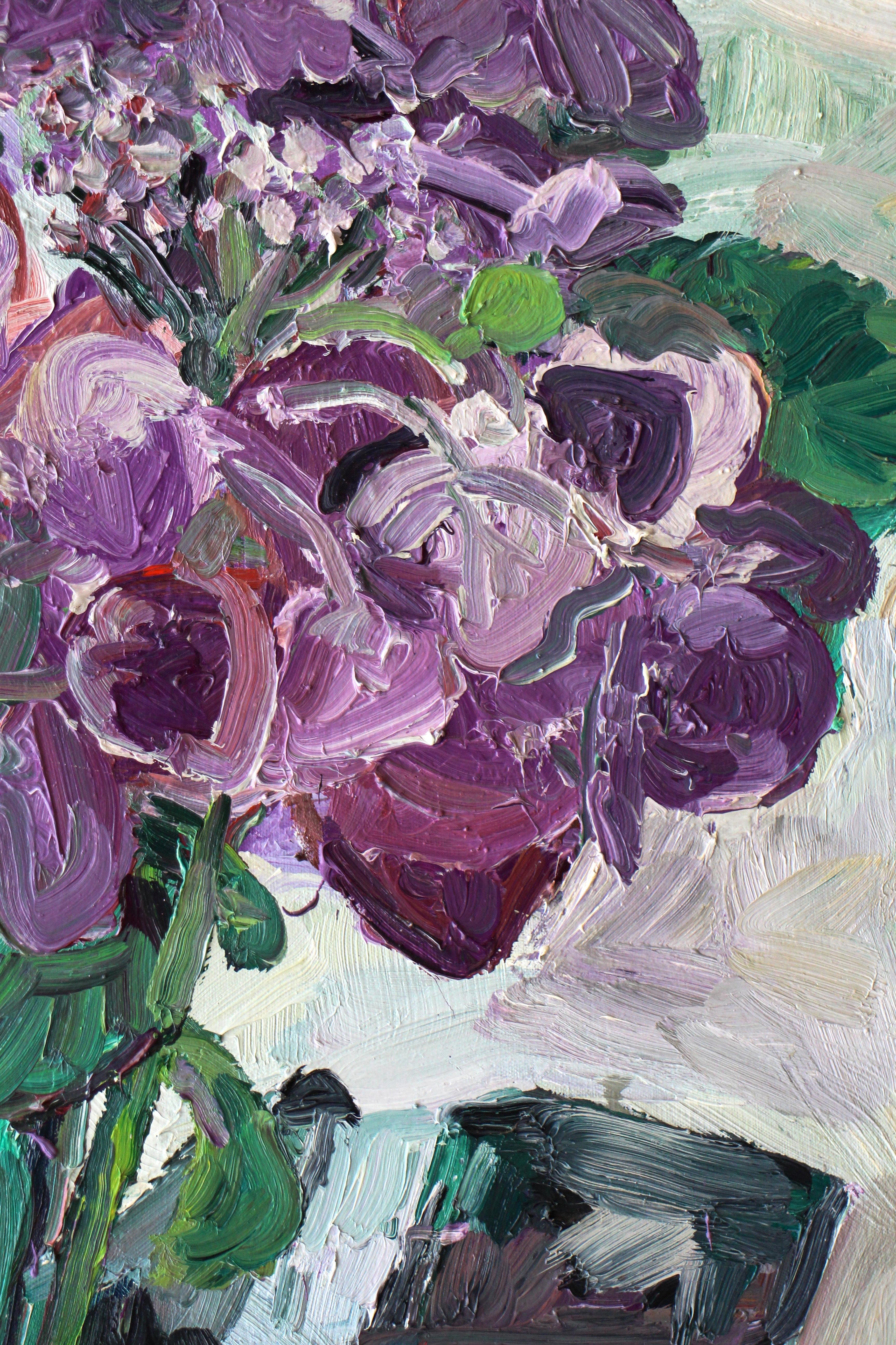 Ho dipinto questo quadro alcuni anni fa come parte di una serie che ho realizzato su questa pianta di ortensia che avevo preso al supermercato locale.  Il dipinto è pieno di pennellate grandi, audaci, colorate e spesse.  :: Pittura :: Impressionista