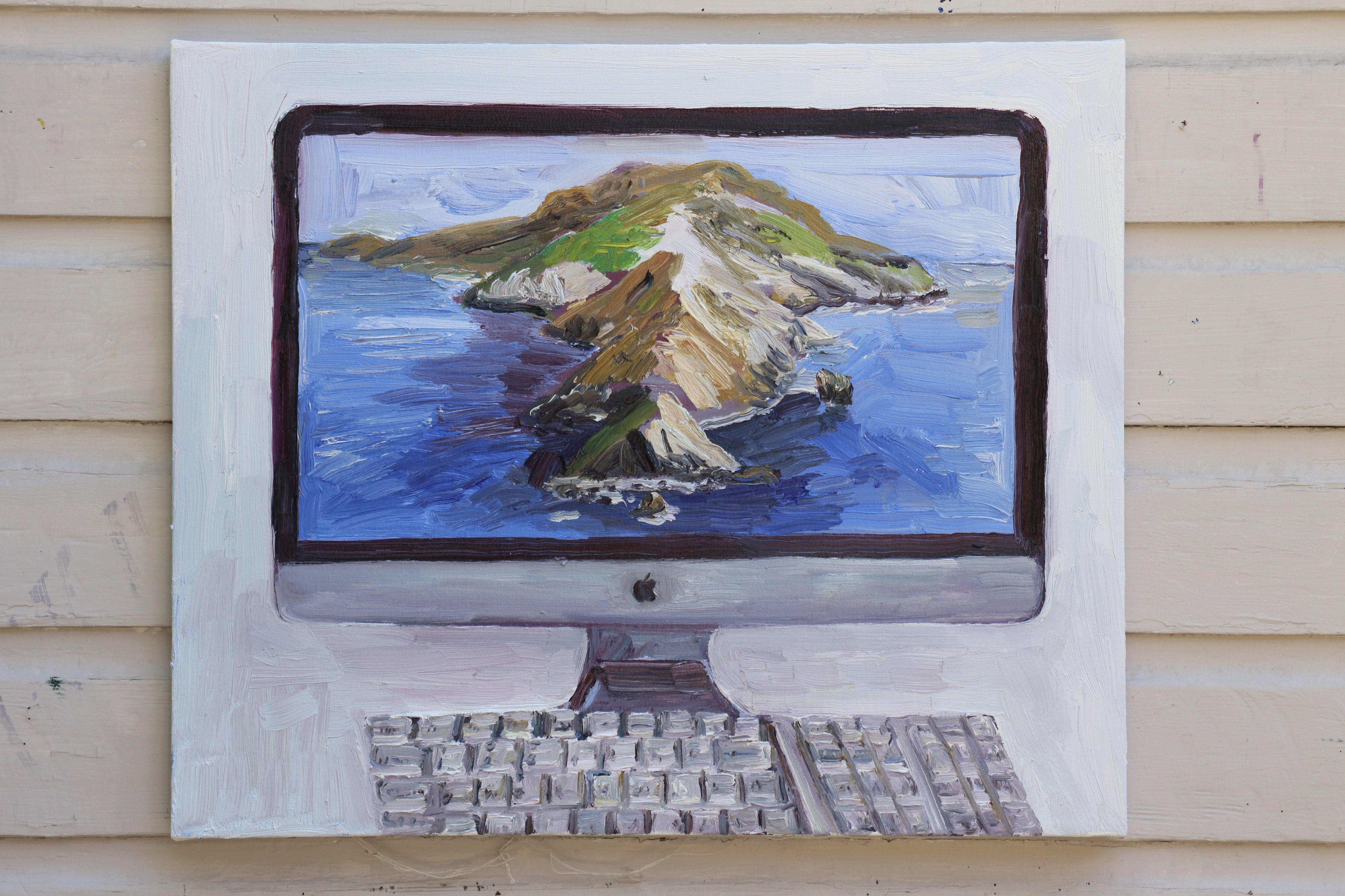 Imac-Schreibtisch mit Catalina-Insel auf dem Schirm, Gemälde, Öl auf Leinwand – Painting von John Kilduff