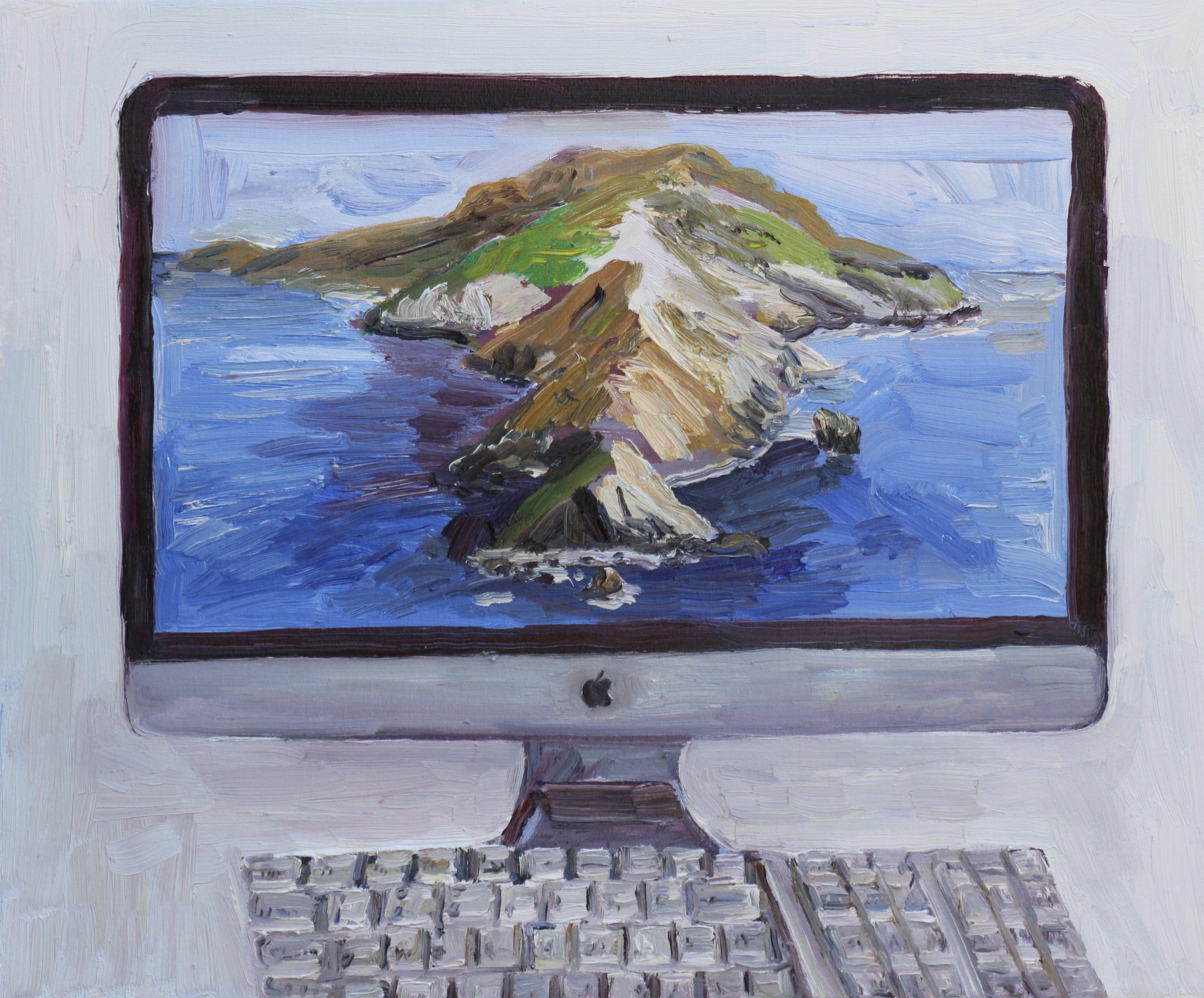 John Kilduff Still-Life Painting – Imac-Schreibtisch mit Catalina-Insel auf dem Schirm, Gemälde, Öl auf Leinwand