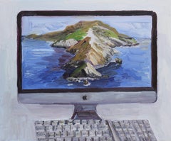 Imac computer with Catalina Island on the screen, Painting, Oil on Canvas