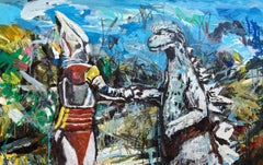 Jet Jaguar and Godzilla, Painting, Acrylic on Canvas