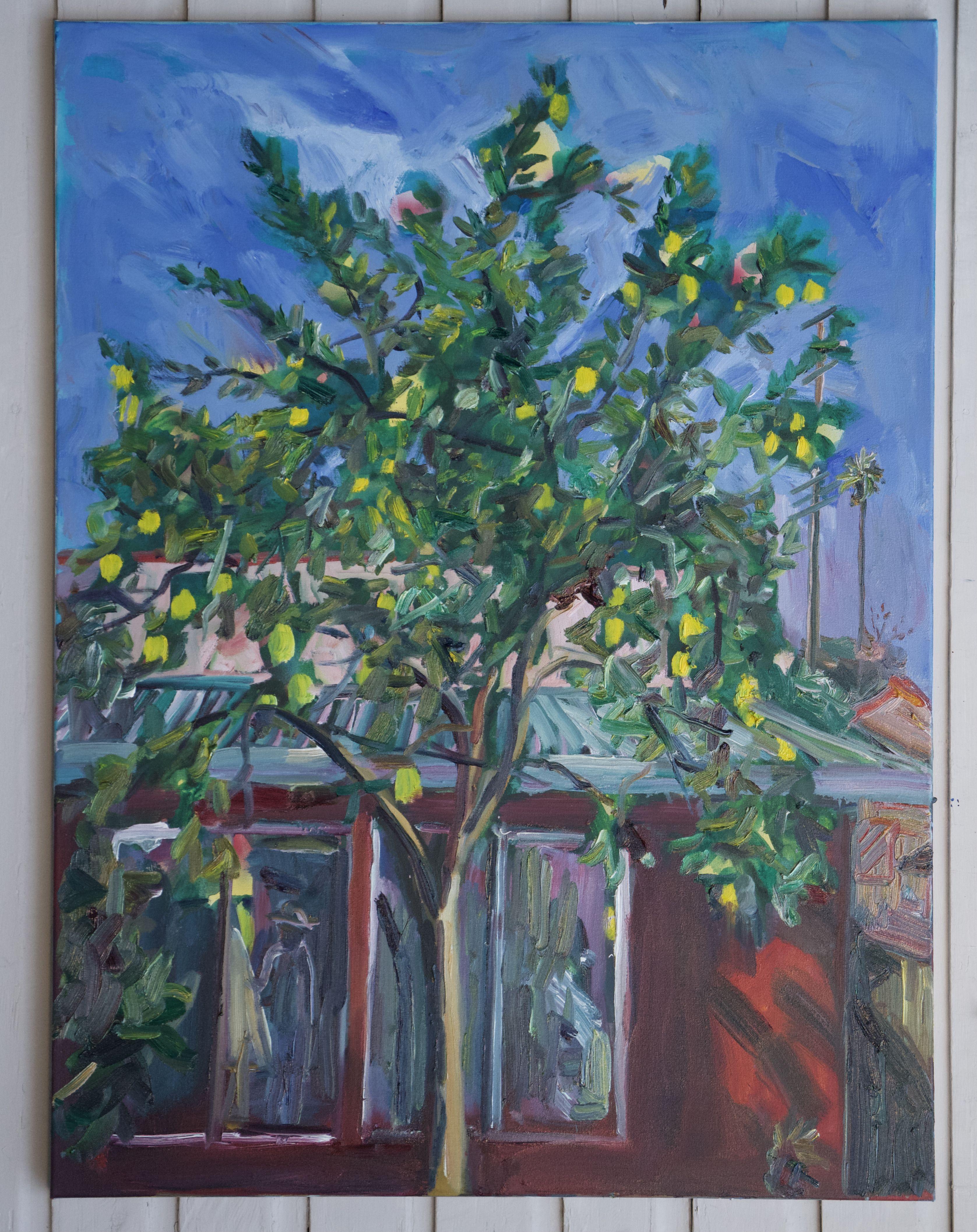 Peinture, huile sur toile, arbre de citronnier dans la cour - Painting de John Kilduff