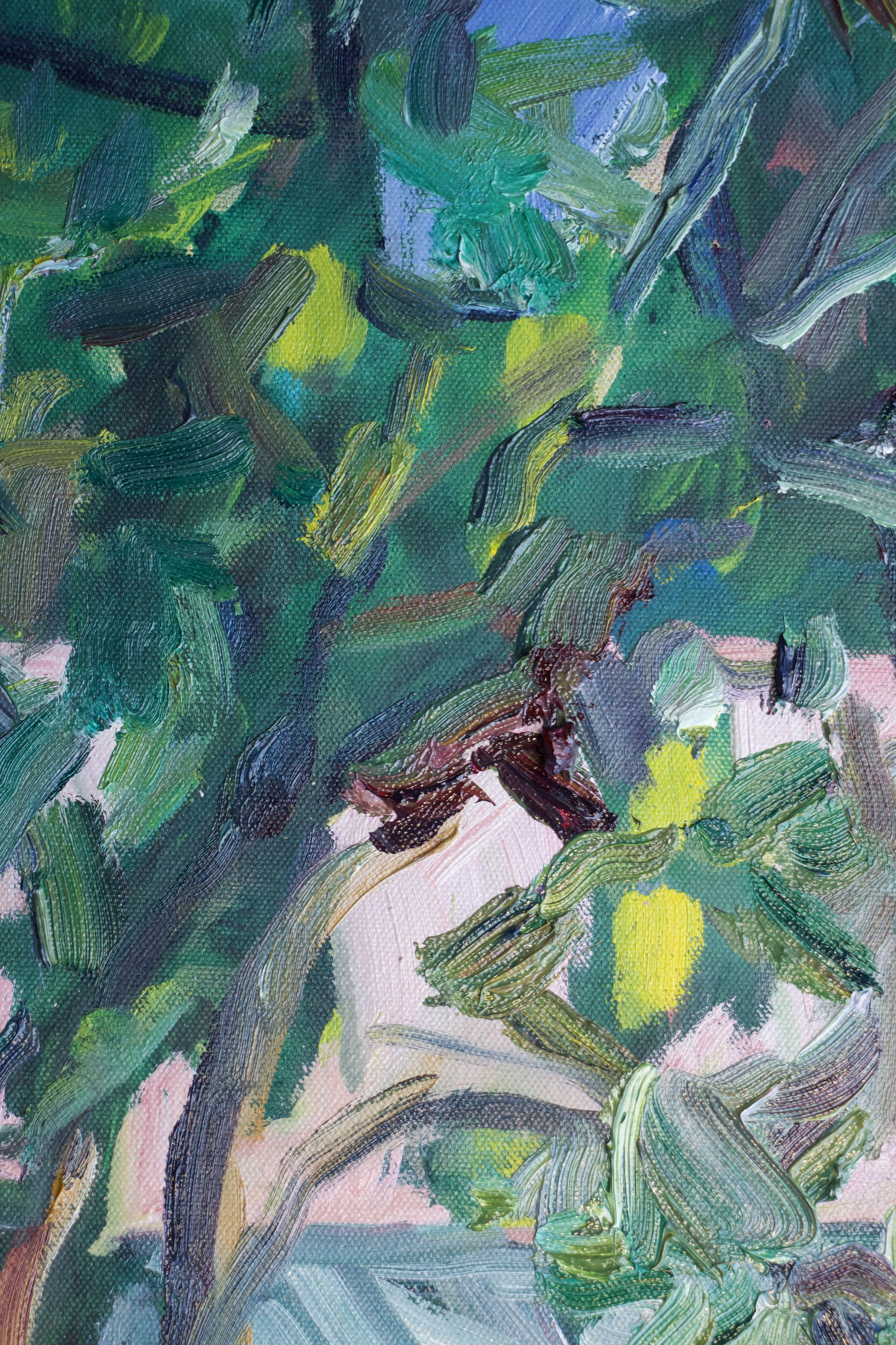 Peinture, huile sur toile, arbre de citronnier dans la cour - Contemporain Painting par John Kilduff