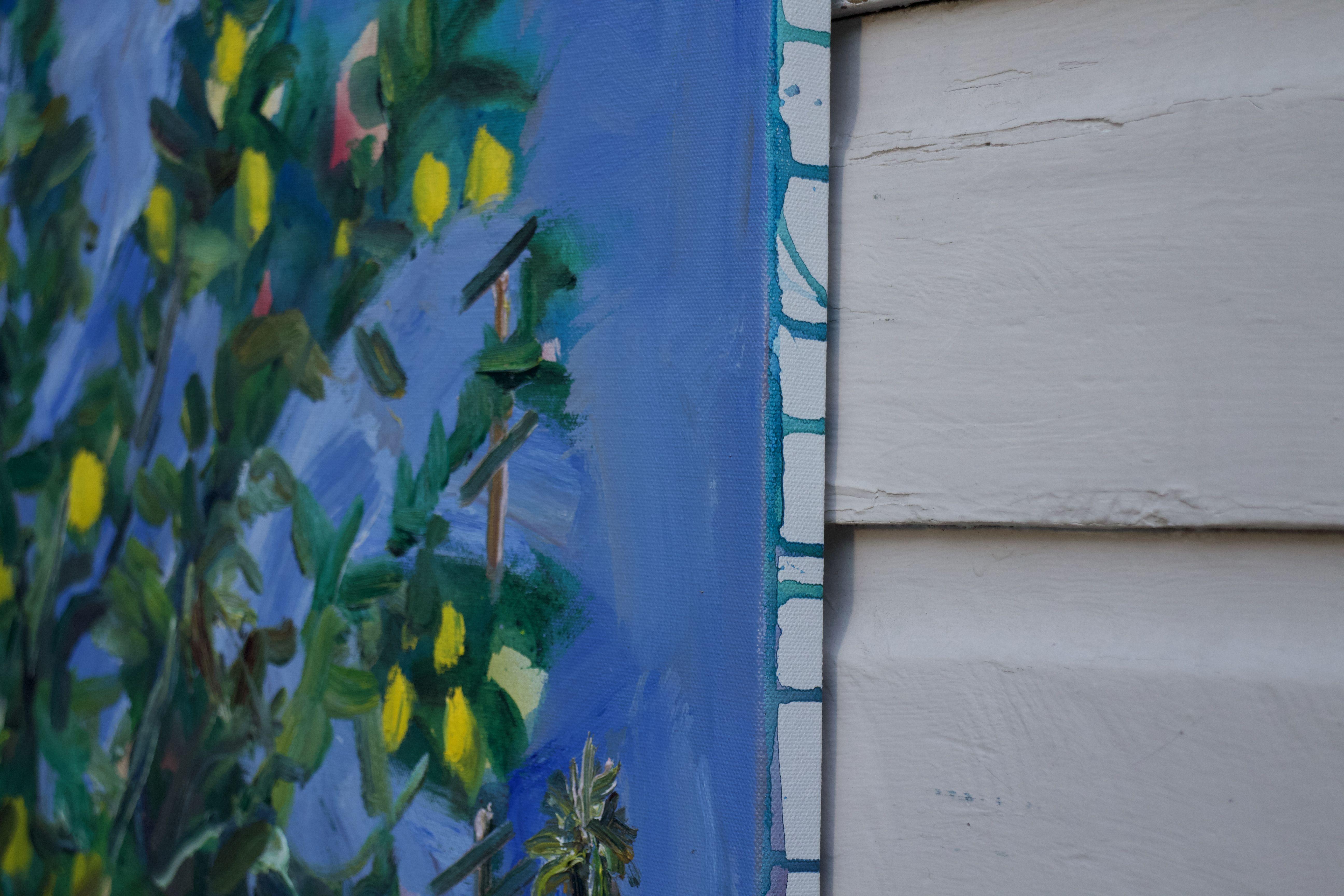 J'ai beaucoup peint ce citronnier dans le jardin pendant la quarantaine. Peinture en aérosol, acrylique et huile sur toile. Si vous regardez la fenêtre de gauche, vous pouvez voir mon portrait :: : Peinture : : Contemporaine : : Cette pièce est