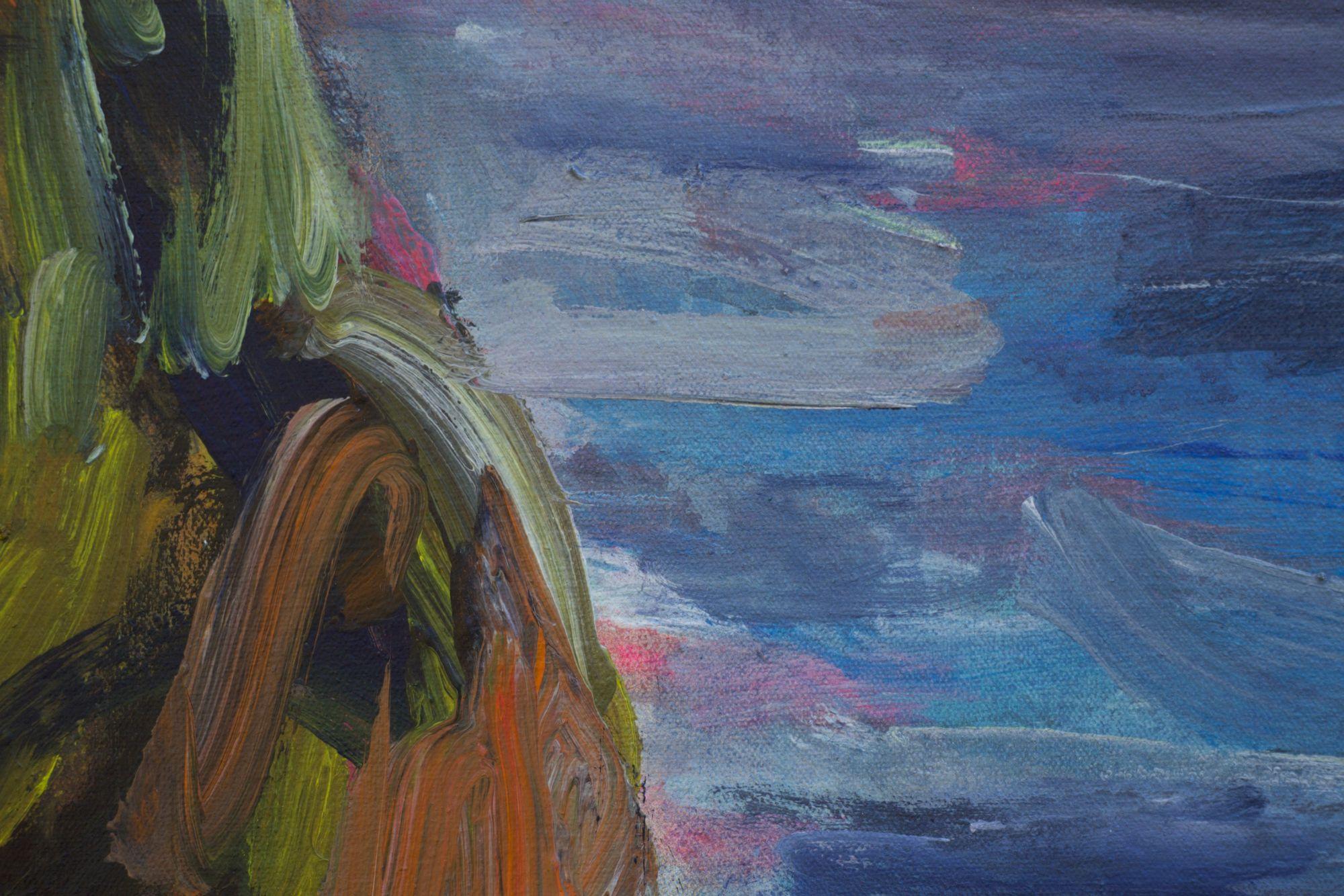 Großes Acrylgemälde aus dem Studio nach einem Pleinair-Aquarell des Leo Carrillo State Beach in Malibu, Kalifornien :: Gemälde :: Impressionist :: Dieses Werk wird mit einem offiziellen, vom Künstler unterzeichneten Echtheitszertifikat geliefert ::