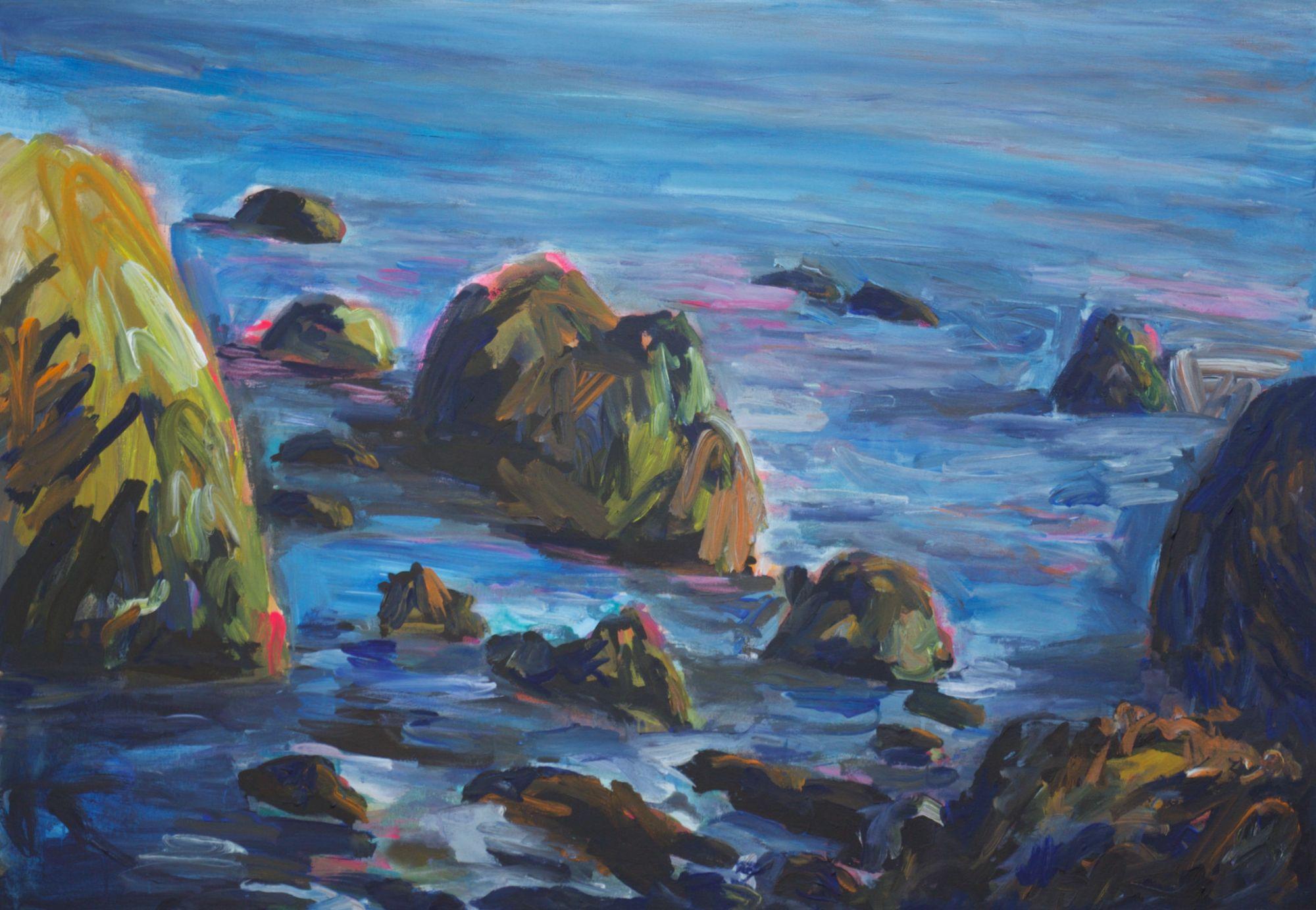 Large acrylic painting done in the studio based on a plein air watercolor of Leo Carrillo State Beach in Malibu, California. :: Painting :: Impressionist :: This piece comes with an official certificate of authenticity signed by the artist :: Ready
