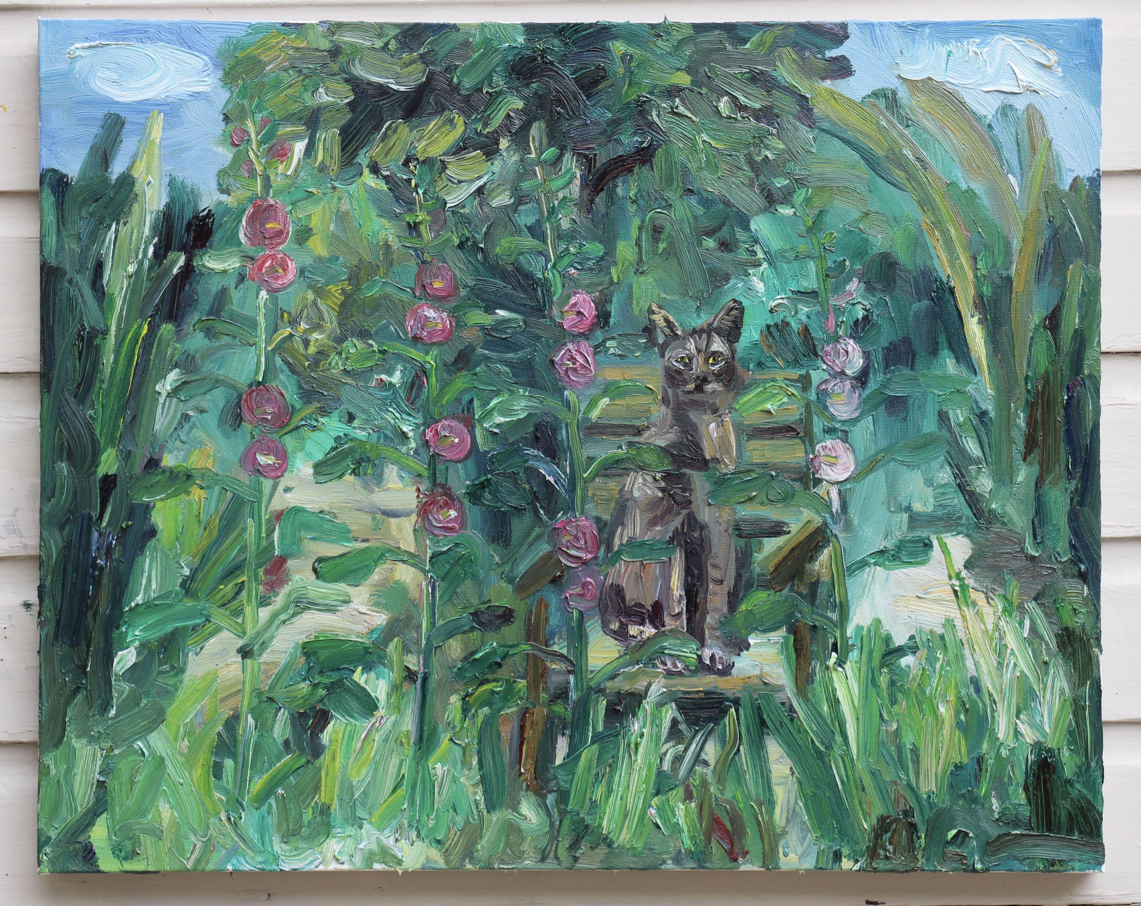 This is a painting of Lester the cat. He is a feral cat that likes to hang out in the backyard. :: Painting :: Impressionist :: This piece comes with an official certificate of authenticity signed by the artist :: Ready to Hang: Yes :: Signed: Yes