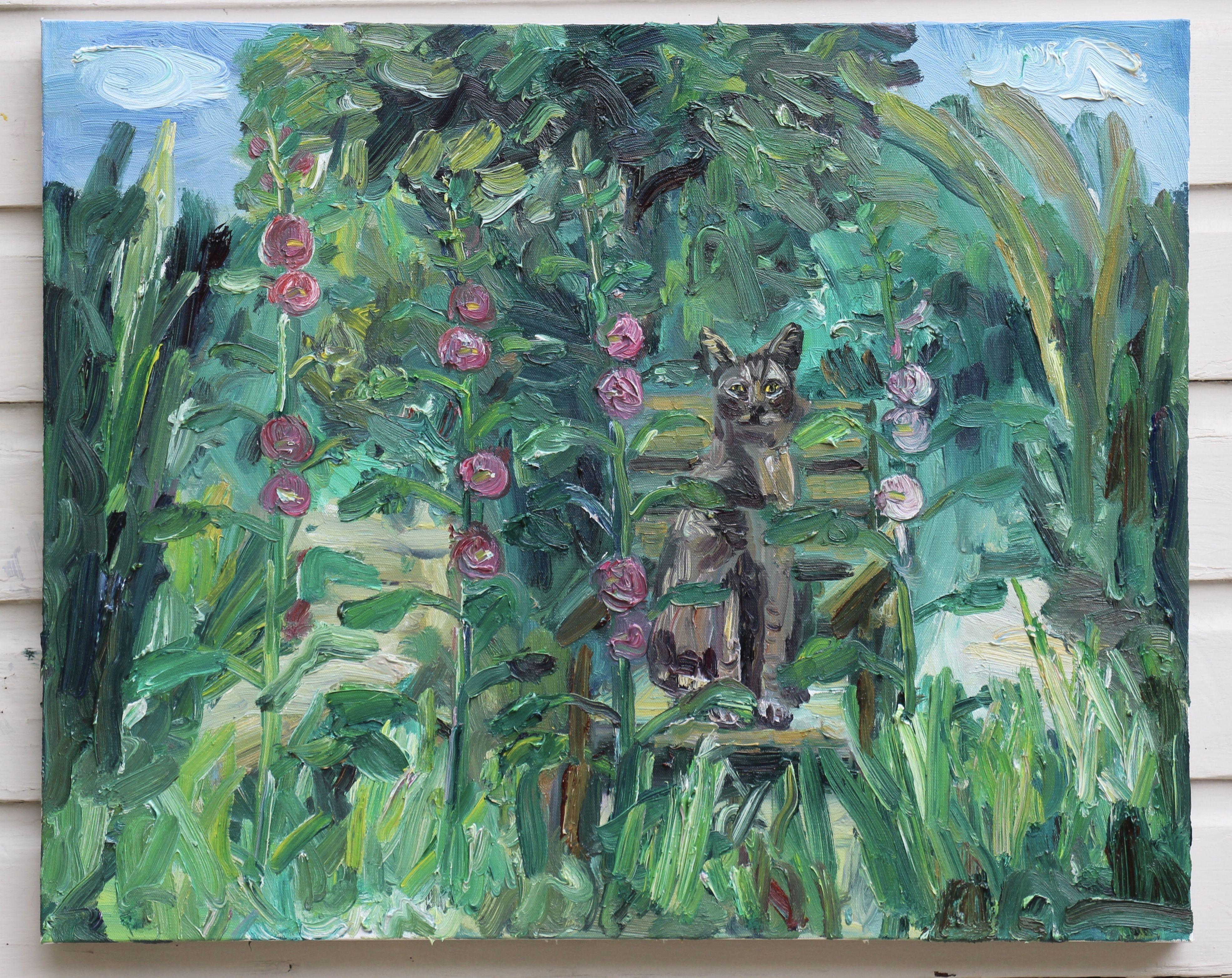 Il gatto Lester con gli agrifogli, Pittura, Olio su tela - Painting Impressionismo di John Kilduff
