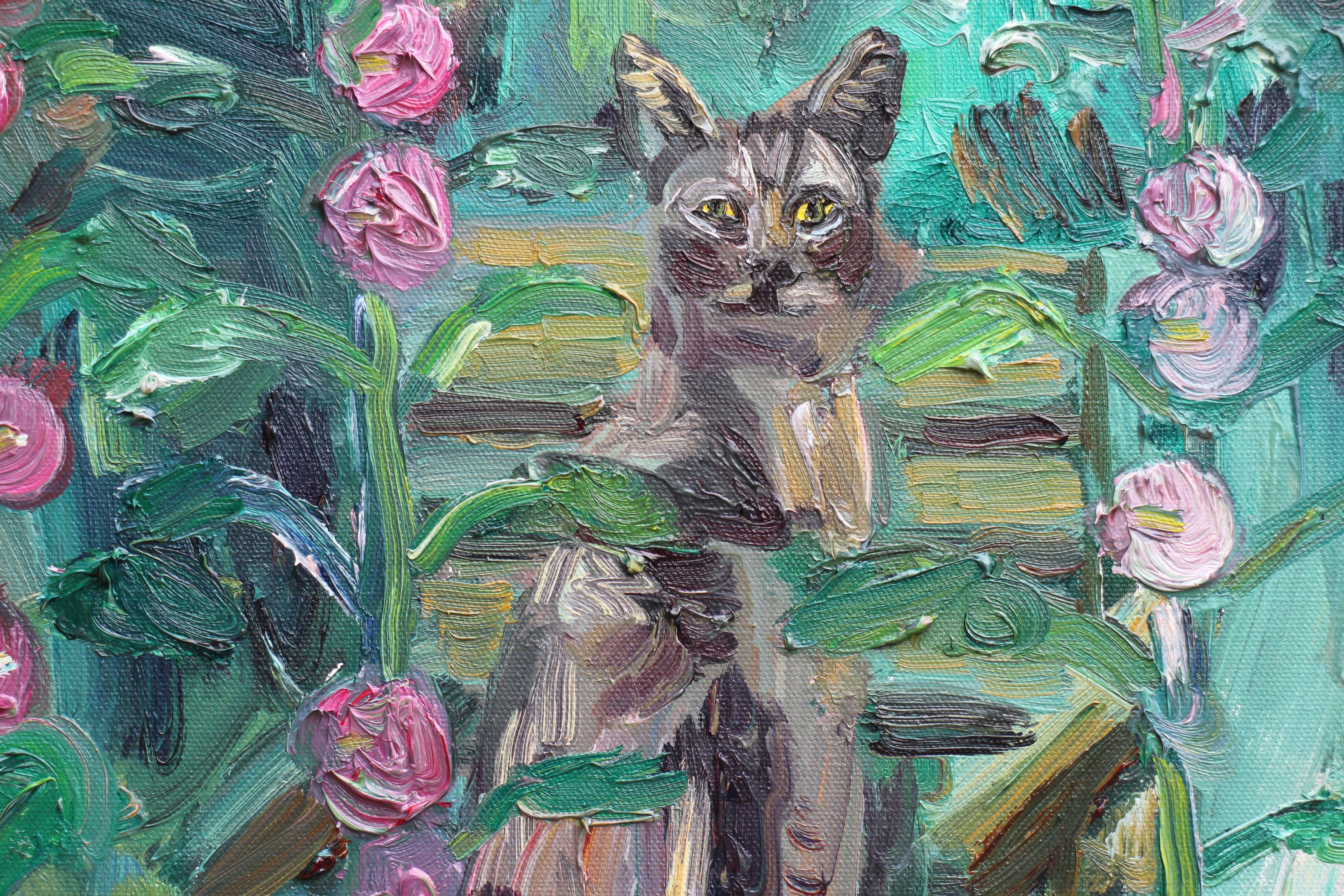 Lester the cat with the Hollyhocks, Painting, Oil on Canvas For Sale 2
