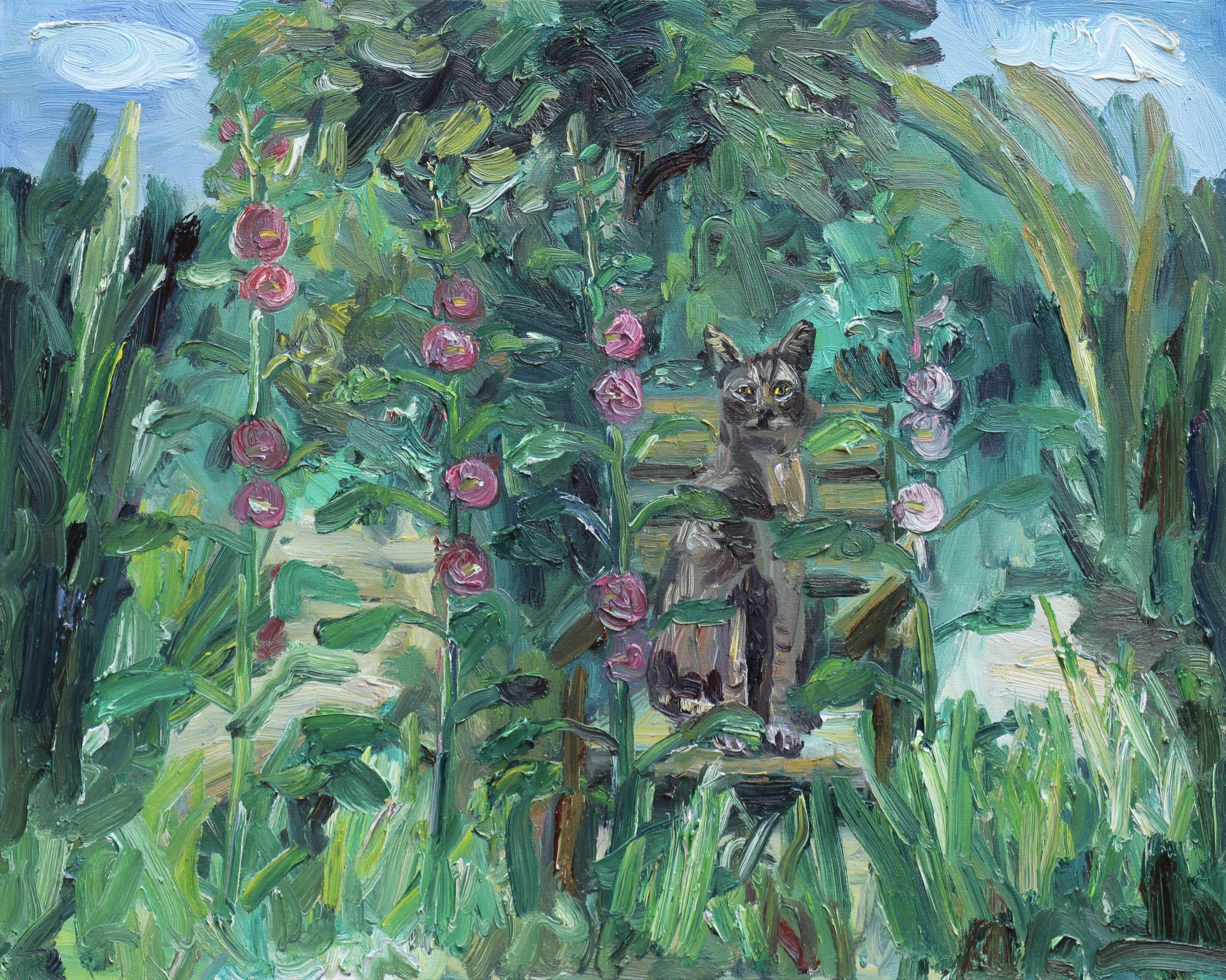 Il gatto Lester con gli agrifogli, Pittura, Olio su tela - Painting di John Kilduff