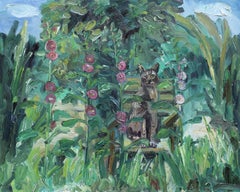 Lester the cat with the Hollyhocks, Painting, Oil on Canvas