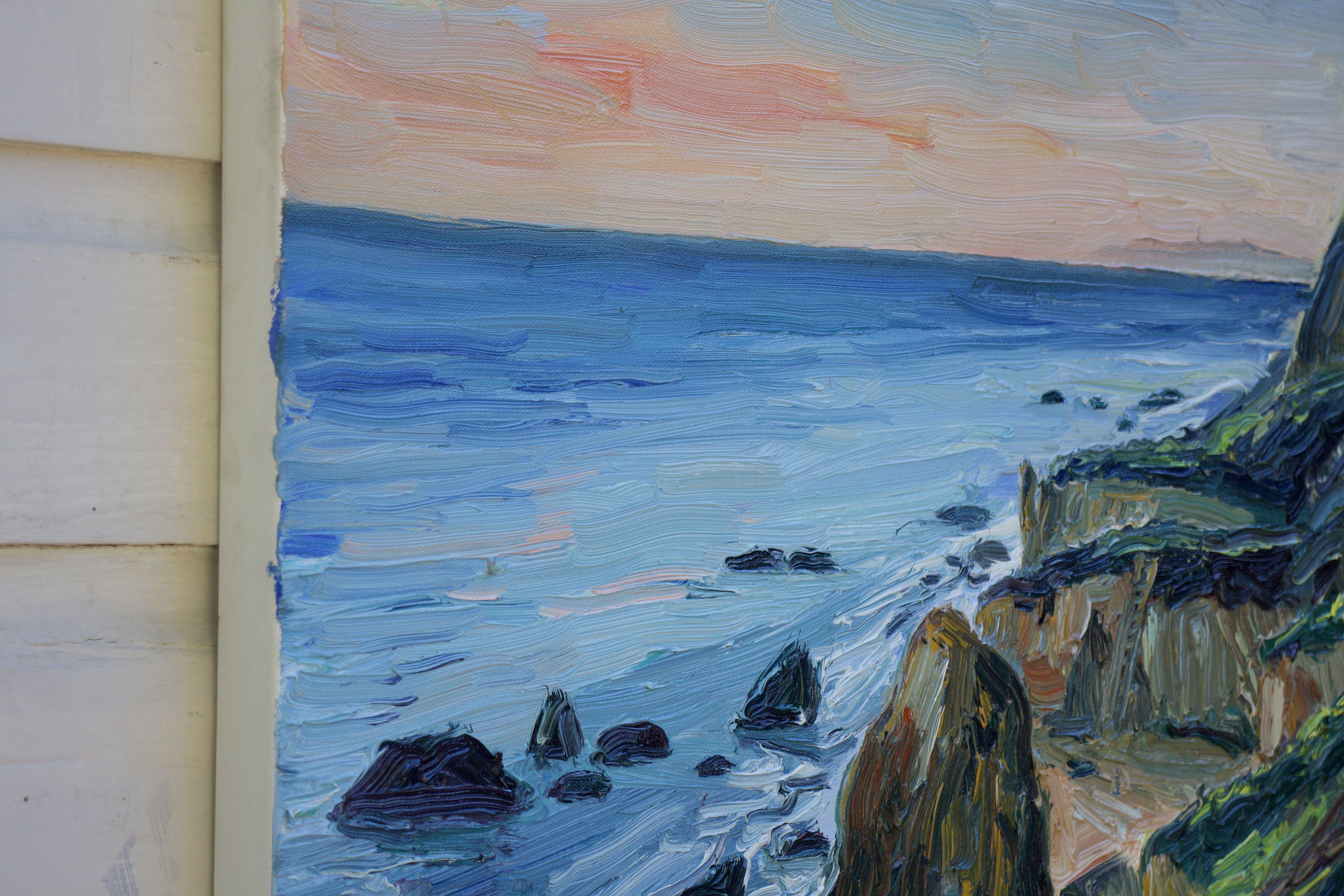 Pittura a olio plein air di Matador Beach a Malibu, California.  :: Pittura :: Impressionista :: Questo pezzo viene fornito con un certificato ufficiale di autenticità firmato dall'artista :: Pronto da appendere: No :: Firmato: Yes :: Posizione
