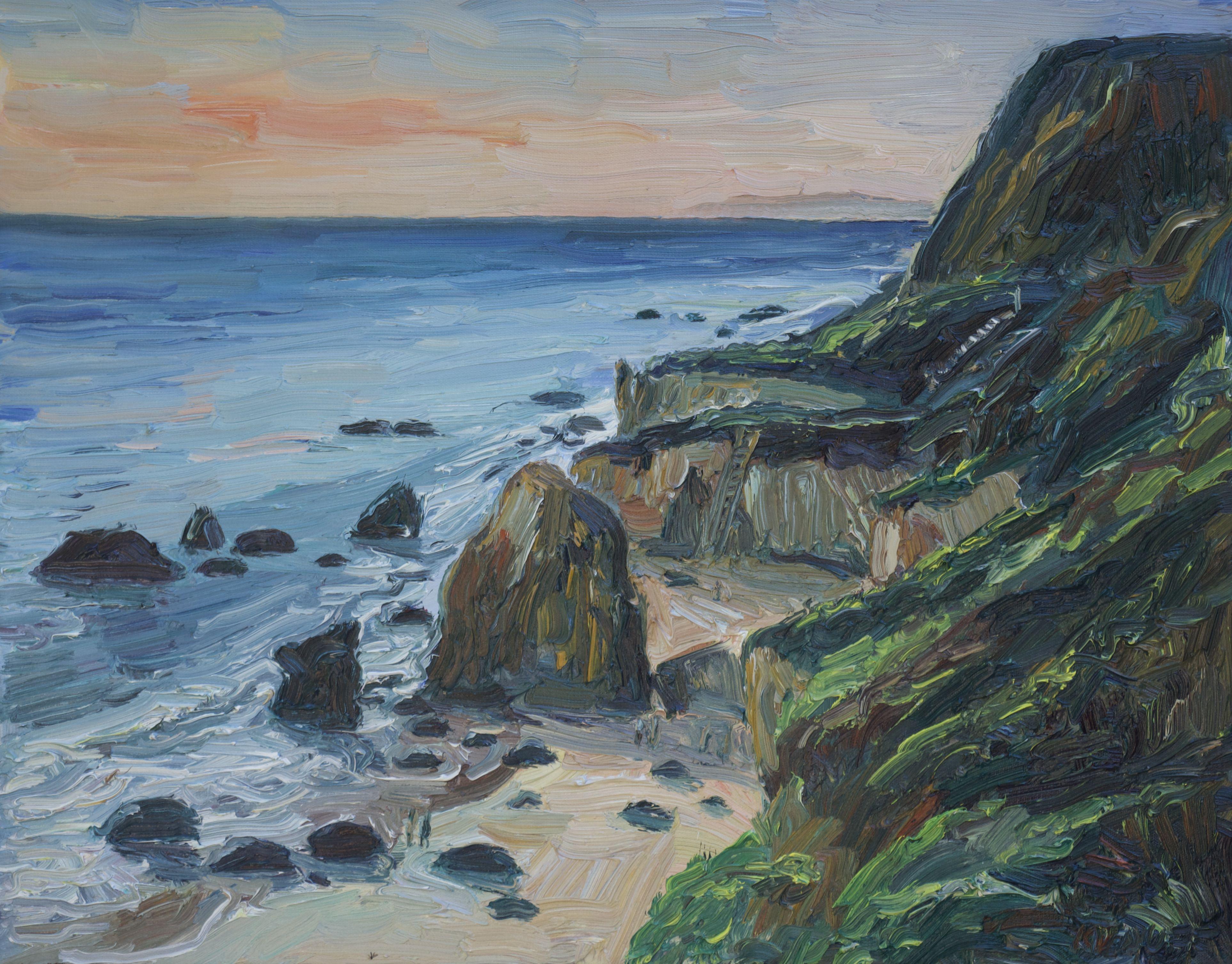 Plein air oil painting of Matador Beach in Malibu, California.  :: Painting :: Impressionist :: This piece comes with an official certificate of authenticity signed by the artist :: Ready to Hang: No :: Signed: Yes :: Signature Location: On the back