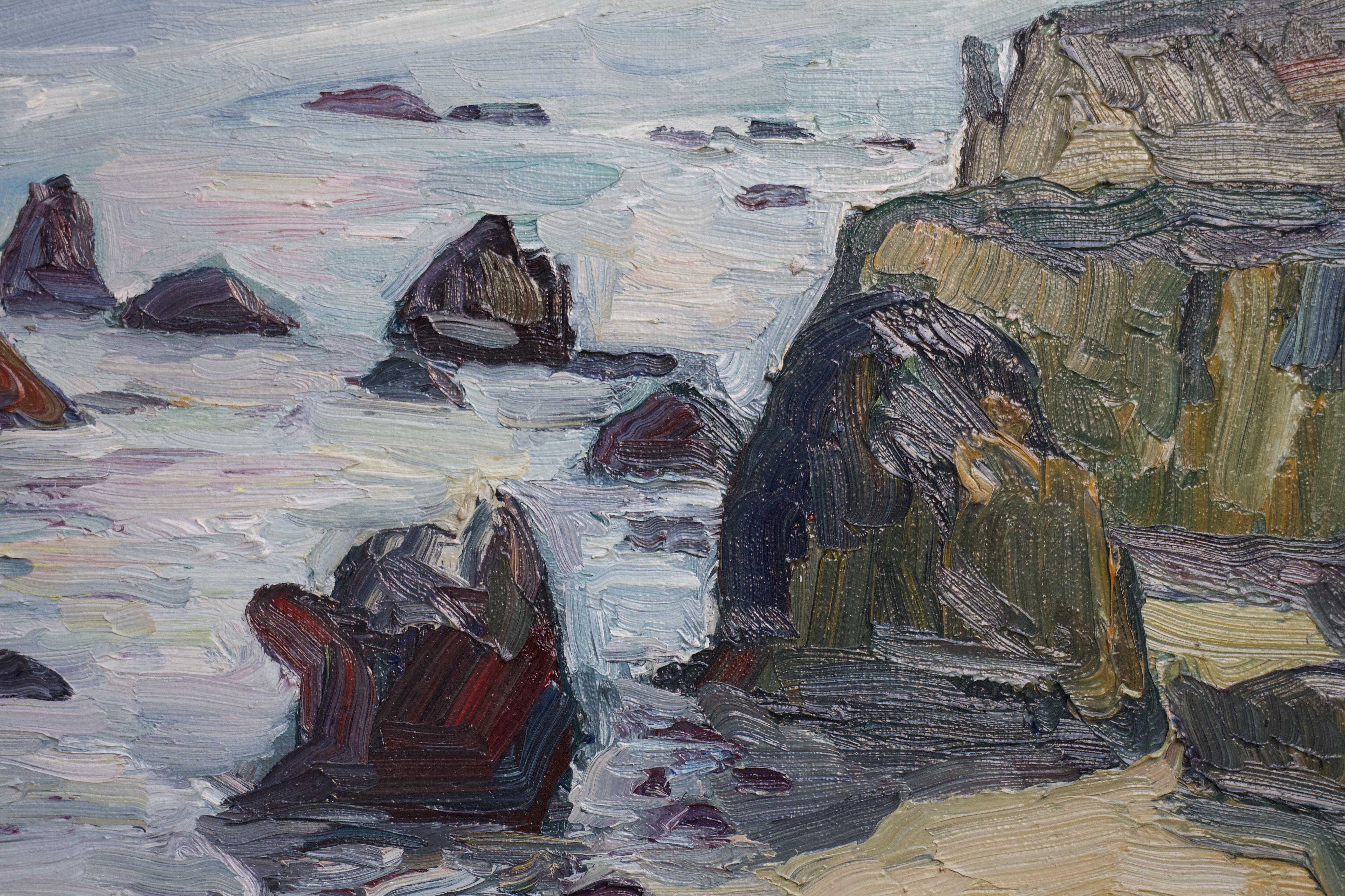 Pittura a olio plein air di Matador Beach a Malibu, California.  :: Pittura :: Impressionista :: Questo pezzo viene fornito con un certificato ufficiale di autenticità firmato dall'artista :: Pronto da appendere: No :: Firmato: Yes :: Posizione