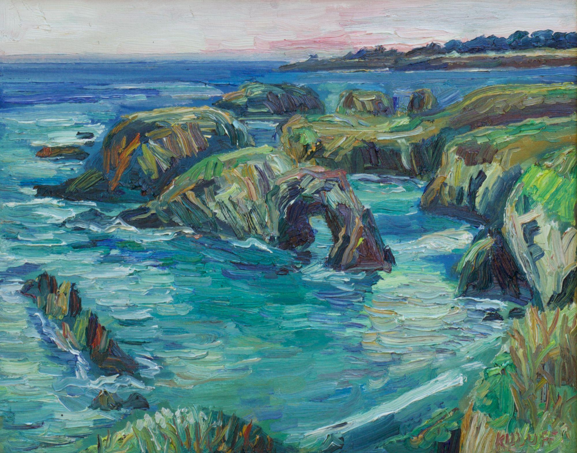 Plein air oil painting of the Mendocino Coast in Mendocino, California.  :: Painting :: Impressionist :: This piece comes with an official certificate of authenticity signed by the artist :: Ready to Hang: Yes :: Signed: Yes :: Signature Location: