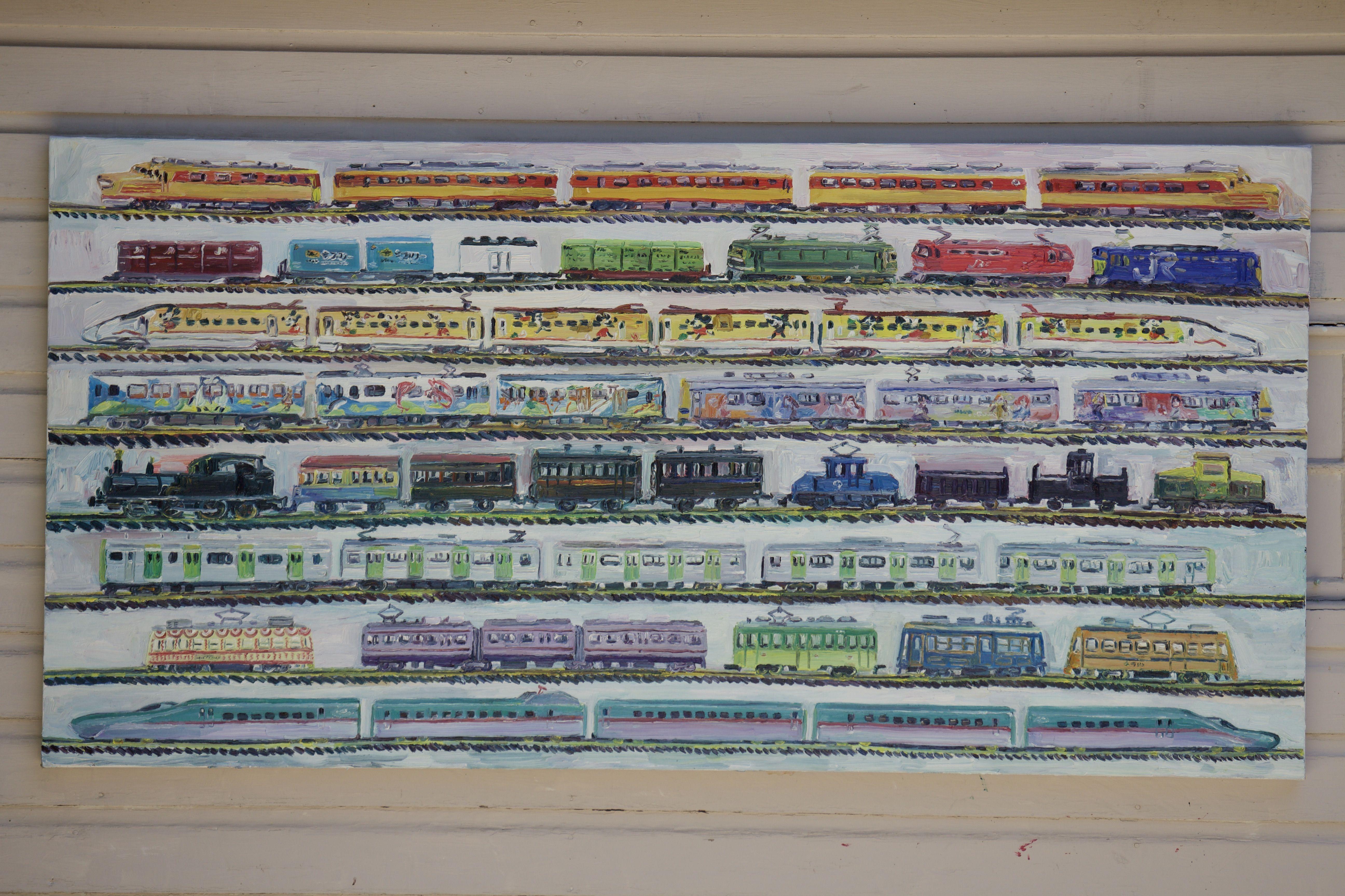 Meine japanische Modell-Eisenbahnsammlung, Gemälde, Öl auf Leinwand (Sonstige Kunststile), Painting, von John Kilduff