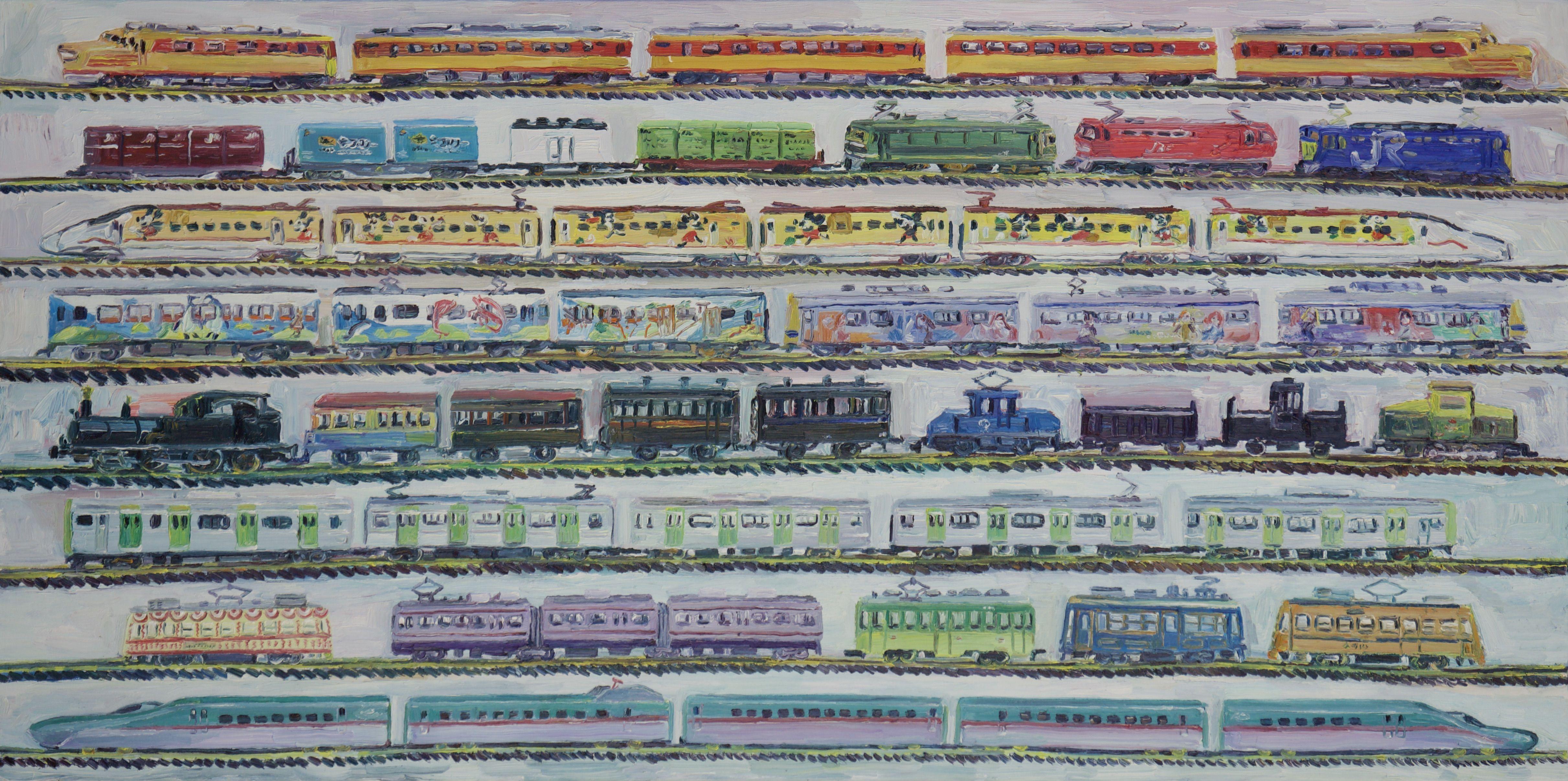 This is my collection of Japanese model railroad trains that I painted from the internet. :: Painting :: Fine Art :: This piece comes with an official certificate of authenticity signed by the artist :: Ready to Hang: No :: Signed: Yes :: Signature