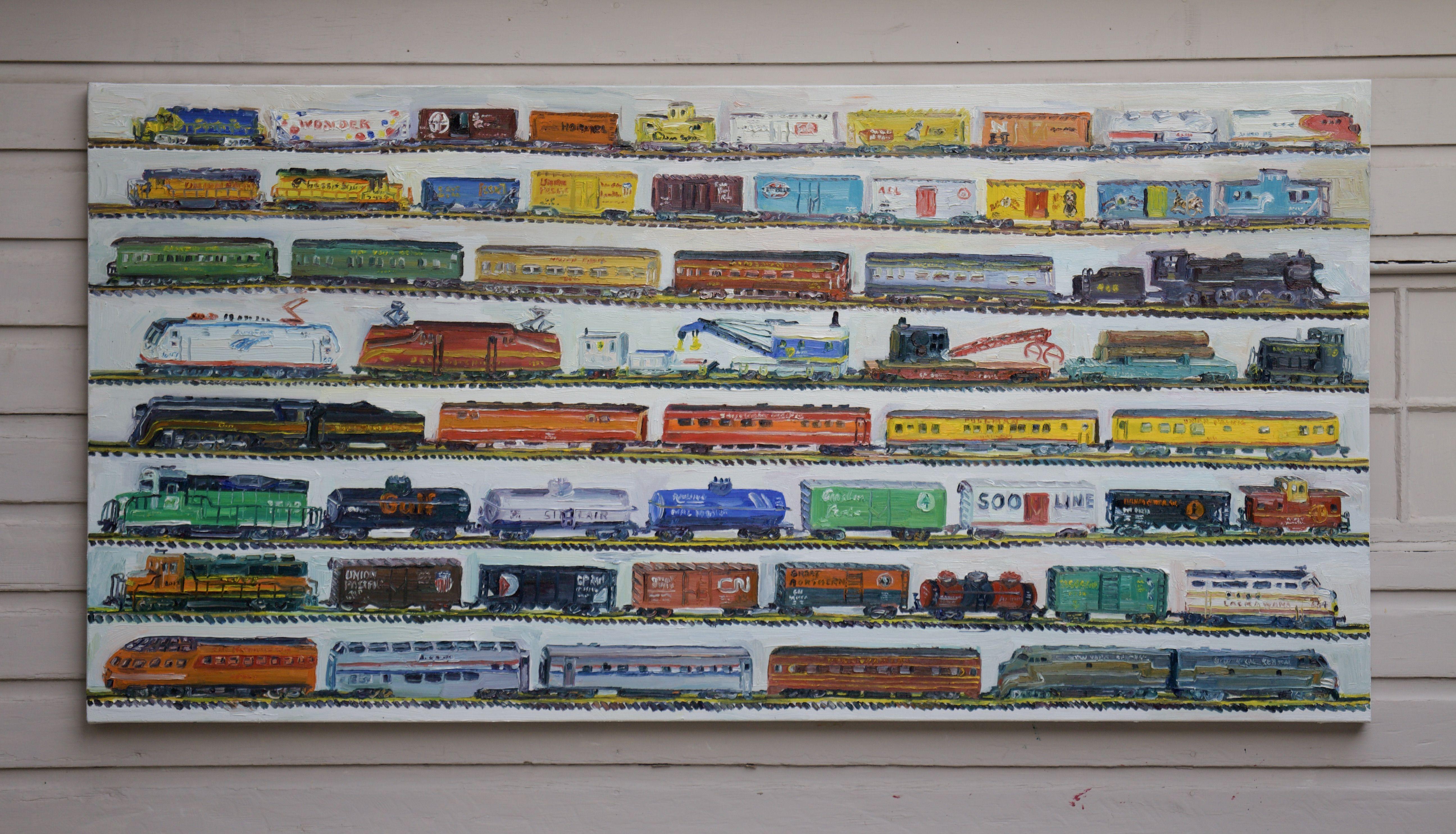 La mia collezione di treni, Pittura, Olio su tela - Painting Altro stile artistico di John Kilduff