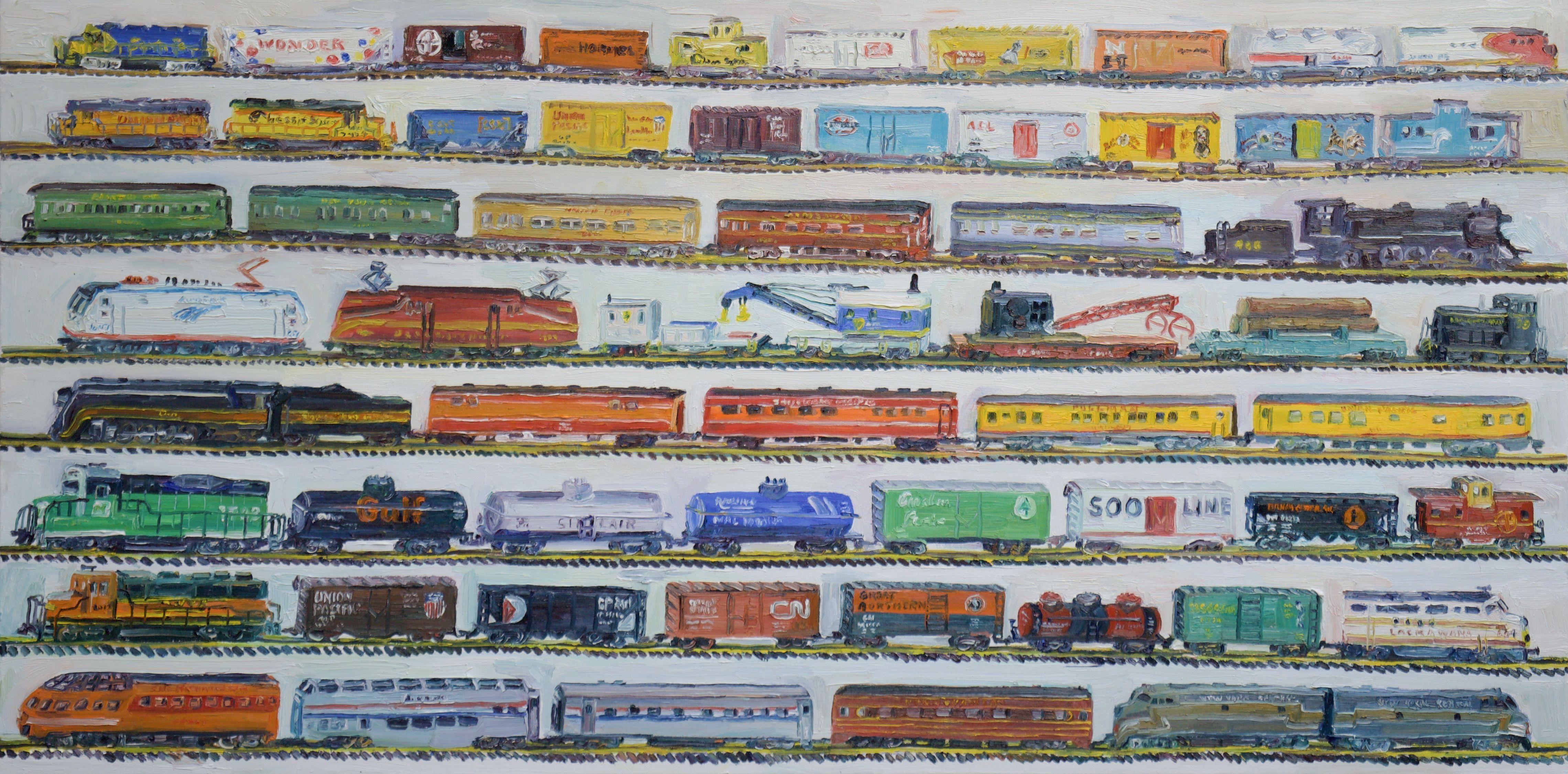 Large oil painting of a train collection. :: Painting :: Fine Art :: This piece comes with an official certificate of authenticity signed by the artist :: Ready to Hang: No :: Signed: Yes :: Signature Location: on the back :: Canvas :: Landscape ::