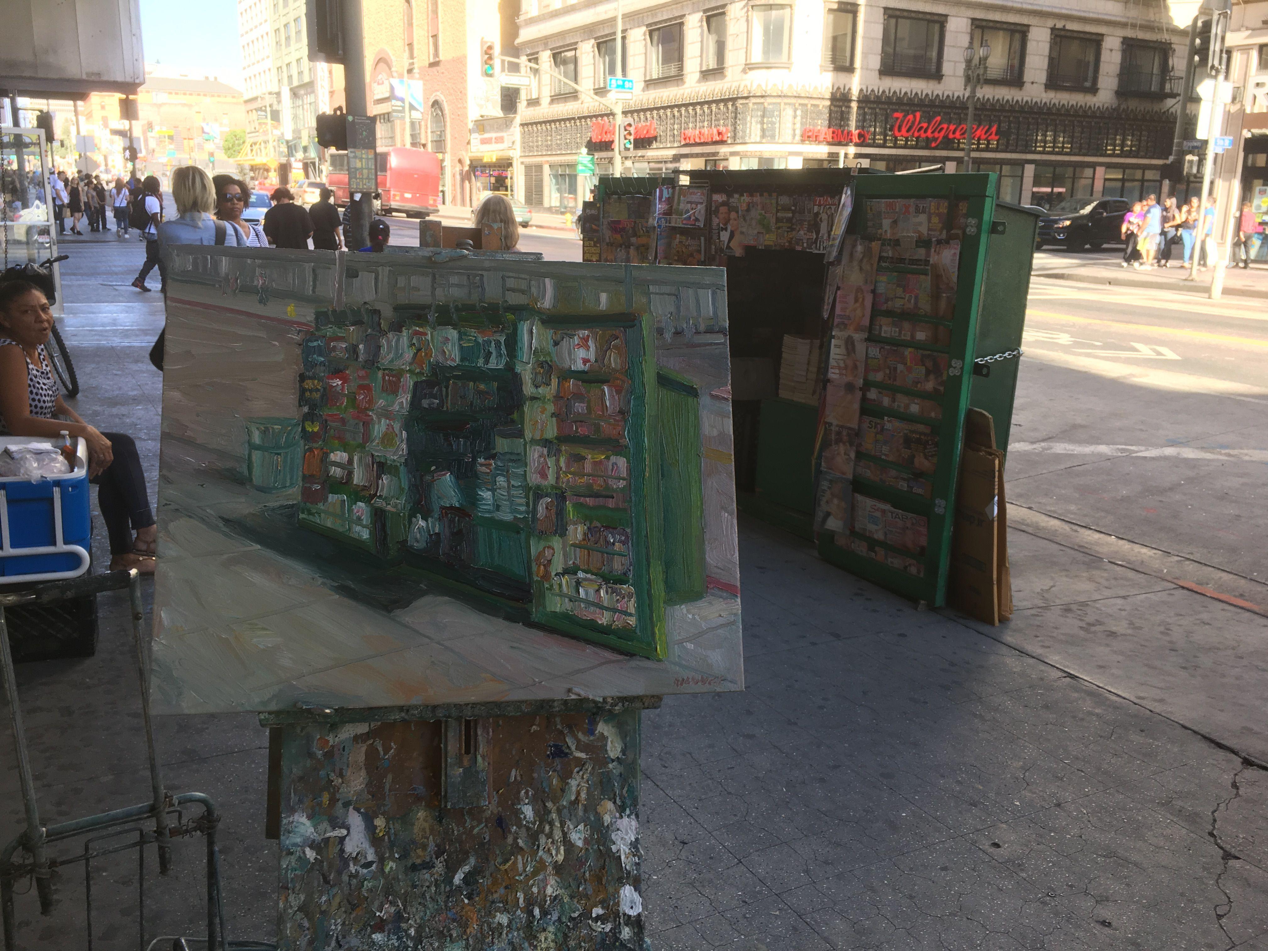 Plein air oil painting of a newsstand on Broadway Street in Downtown Los Angeles. I painted this during the Los Angeles Plein Air Festival 2016. I received 1st place in Oils.  :: Painting :: Impressionist :: This piece comes with an official
