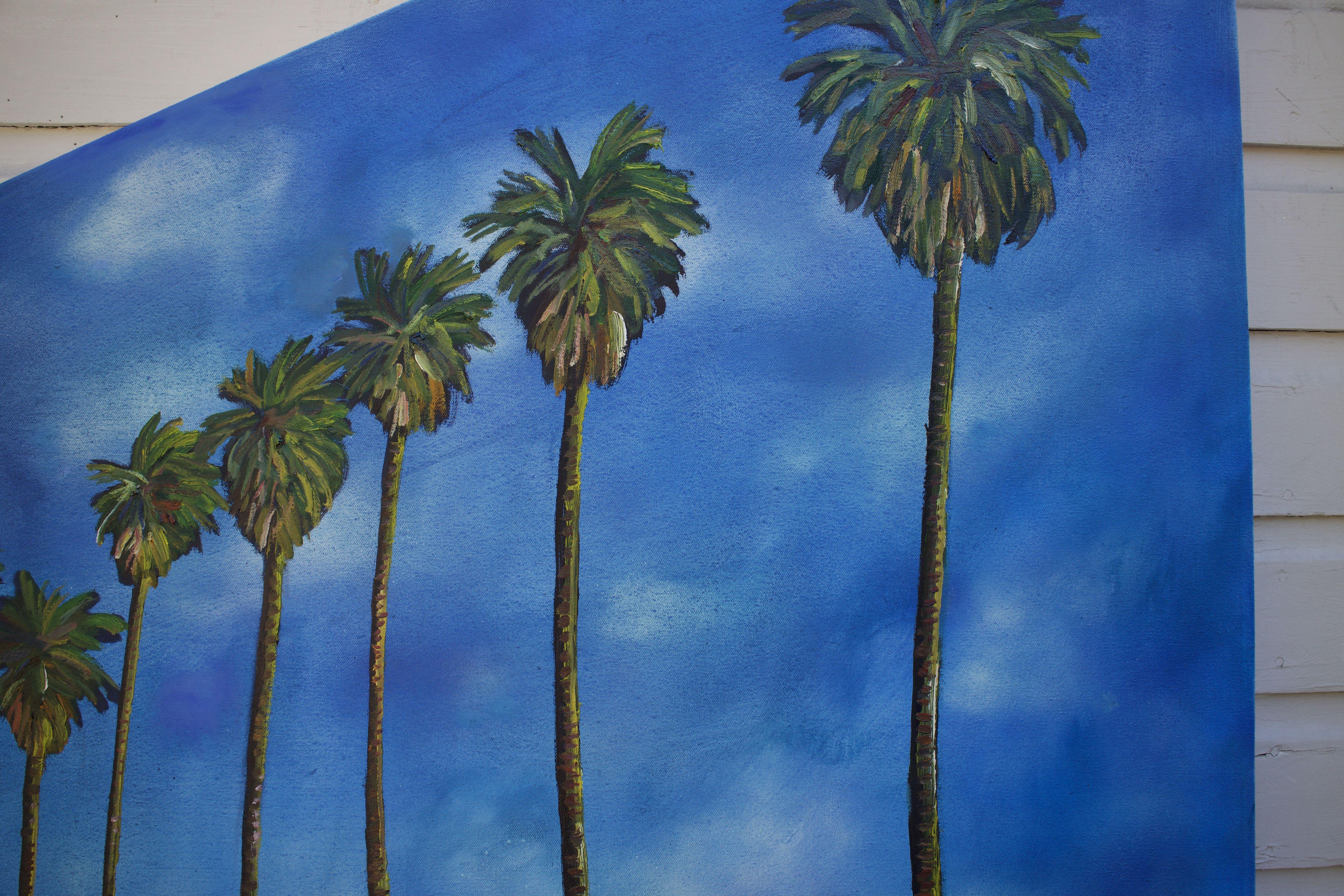 J'ai toujours aimé voir les palmiers s'enfoncer dans l'horizon et j'ai pensé qu'il serait intéressant de capturer cette sensation sur une toile en forme de triangle. : : Peinture : : Pop-Art : : Cette œuvre est accompagnée d'un certificat
