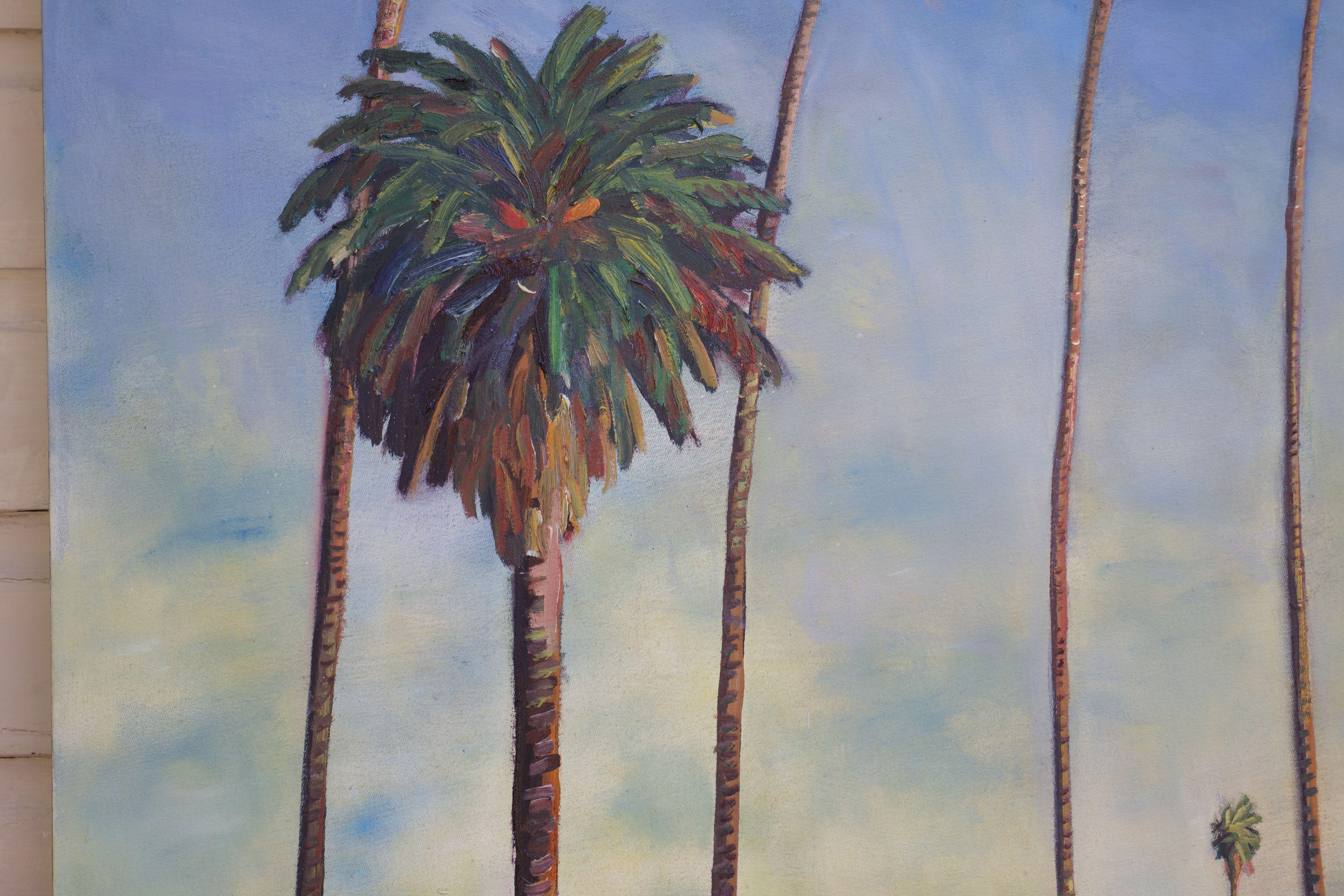 Based on the rows of palm trees that are all over Los Angeles. Oil, spray paint and acrylic on Canvas. :: Painting :: Contemporary :: This piece comes with an official certificate of authenticity signed by the artist :: Ready to Hang: Yes :: Signed: