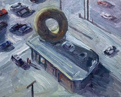 Police activity at donut shop, Painting, Oil on Canvas