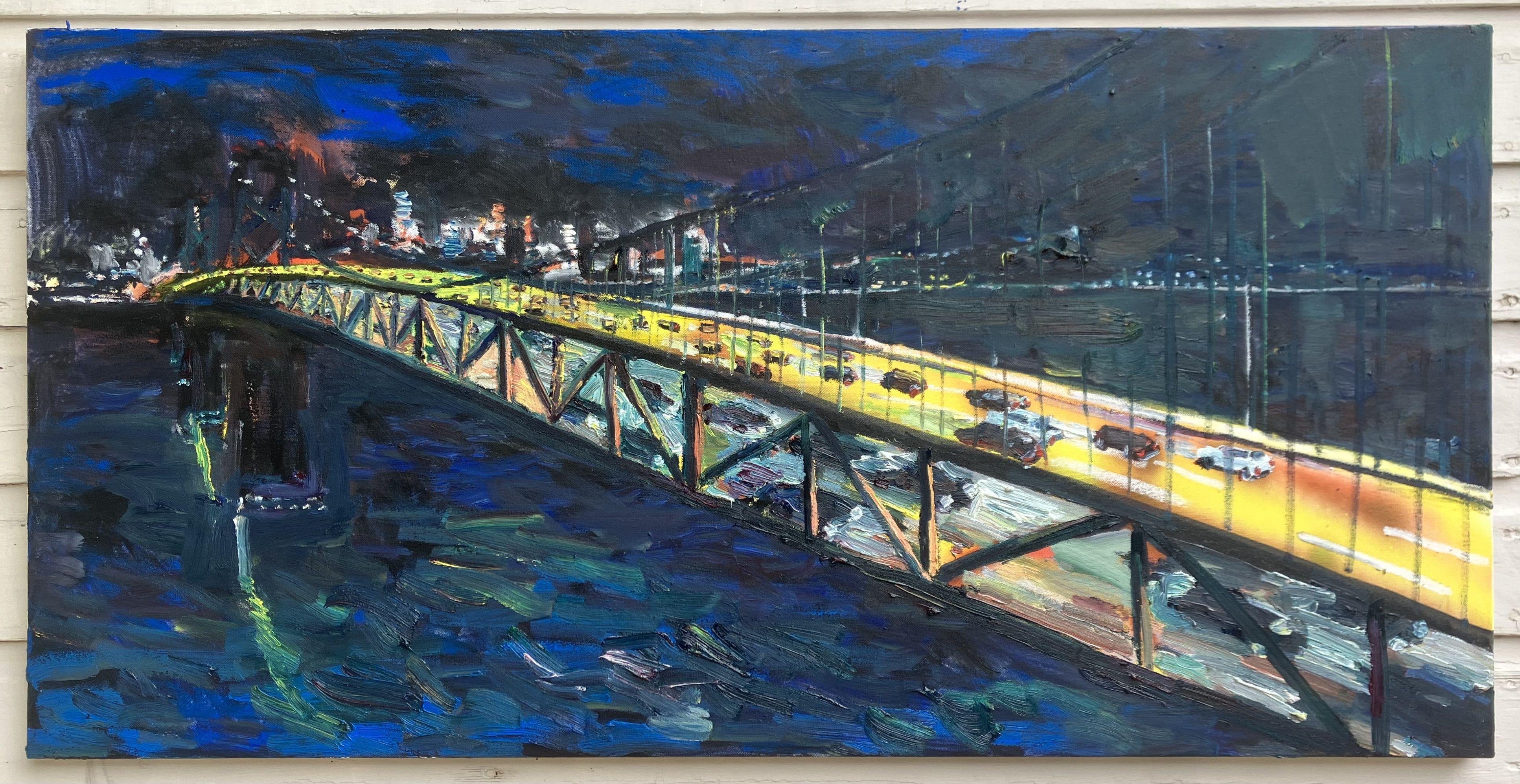 San Francisco-Oakland Bay Bridge bei Nacht, Gemälde, Öl auf Leinwand (Sonstige Kunststile), Painting, von John Kilduff