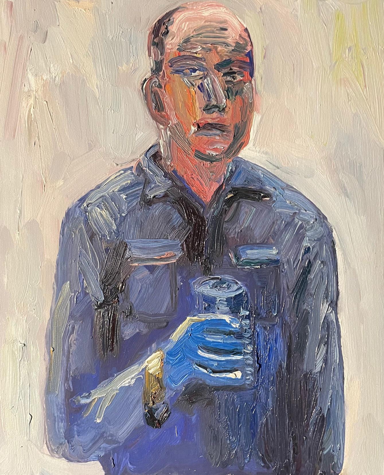 John Kilduff Portrait Painting - Self Portrait Wearing Blue Shirt, Blue Gloves, and Drinking a Blue Bud