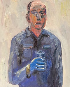 Self Portrait Wearing Blue Shirt, Blue Gloves, and Drinking a Blue Bud